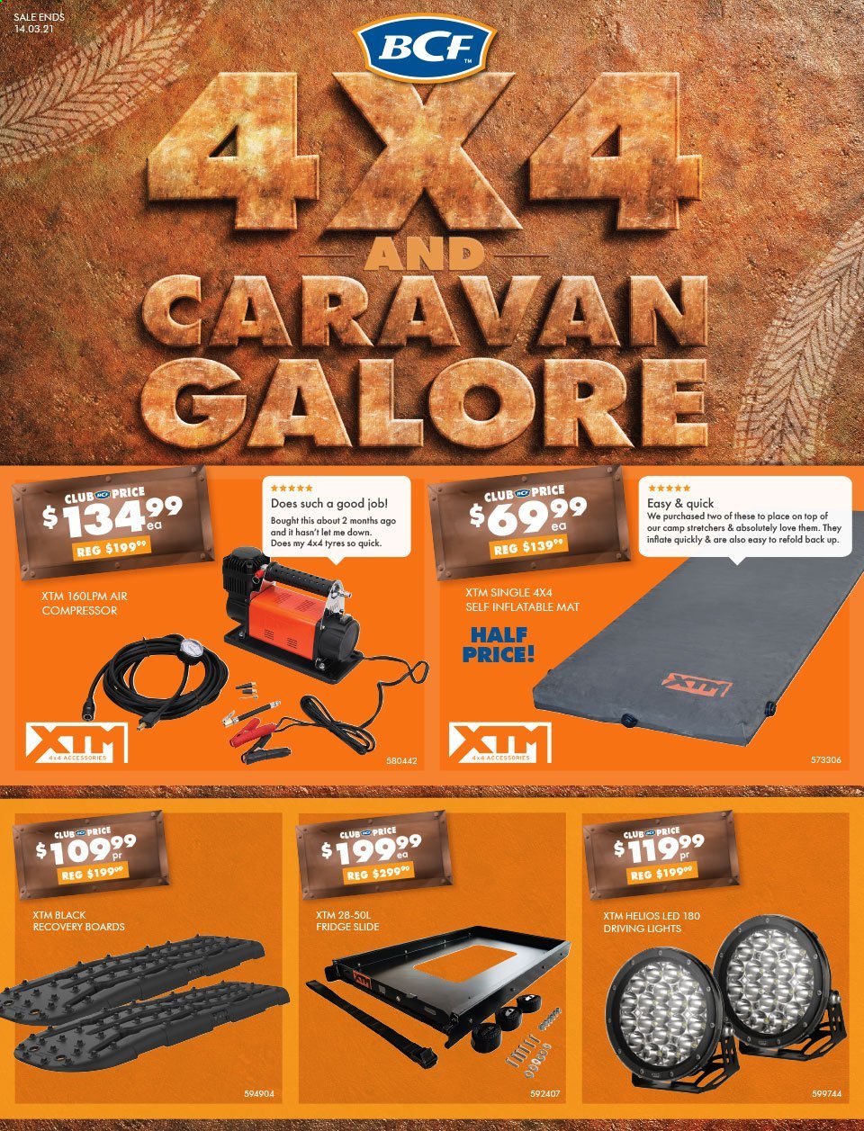 thumbnail - BCF Catalogue - 24 Feb 2021 - 14 Mar 2021 - Sales products - refrigerator, fridge, XTM, recovery boards, car battery, driving lights, air compressor, tires, self inflatable mat, fridge slide. Page 1.