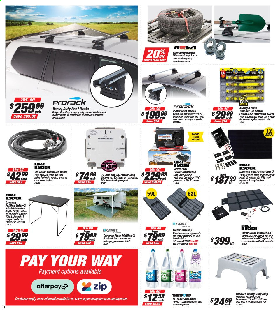 thumbnail - Supercheap Auto Catalogue - 25 Feb 2021 - 7 Mar 2021 - Sales products - Ridge Ryder, solar panel, solar blanket, blanket, caravan, tie downs, folding table. Page 4.