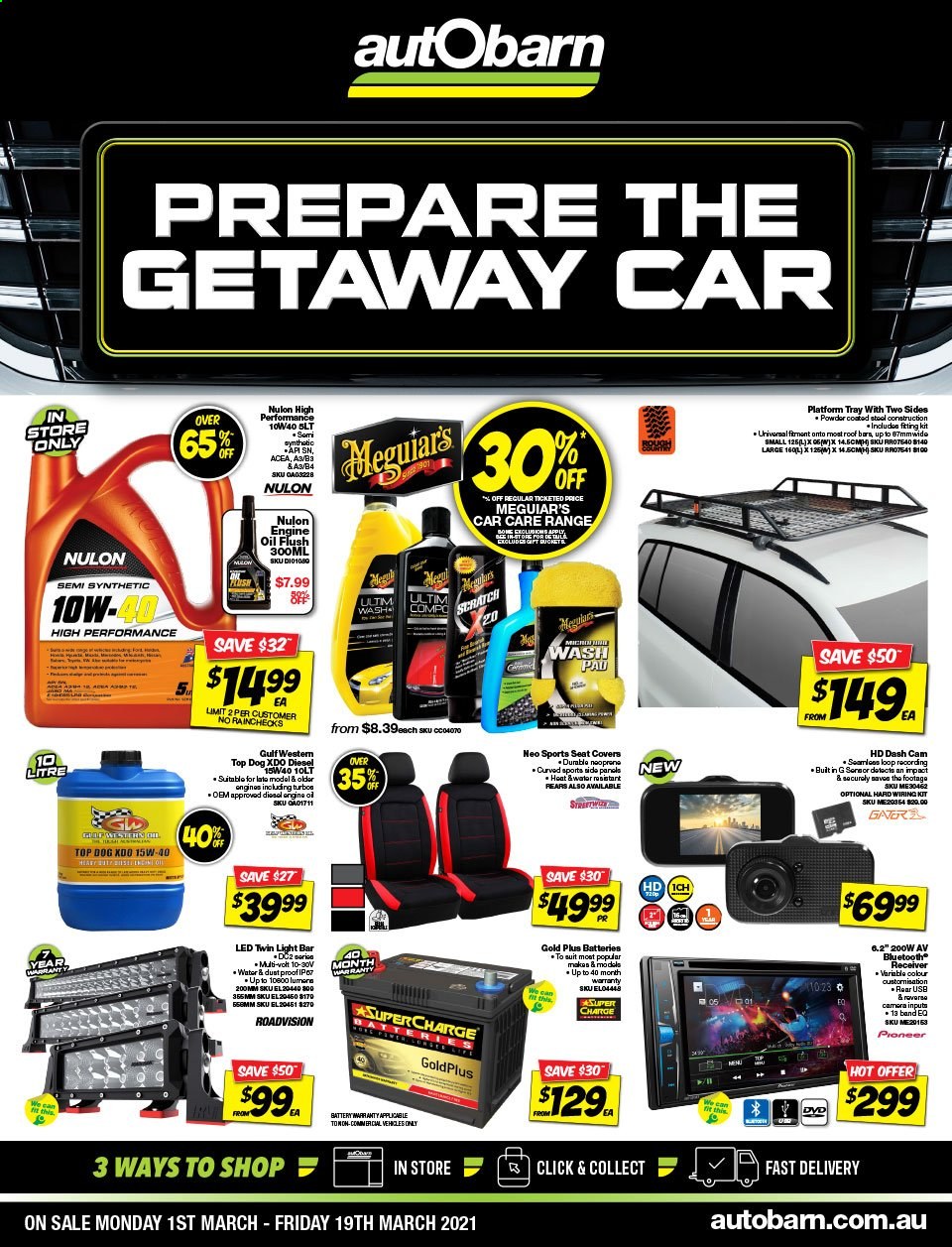 thumbnail - Autobarn Catalogue - 1 Mar 2021 - 19 Mar 2021 - Sales products - dashboard camera, car seat cover, wiring kit, Nulon, motor oil. Page 1.