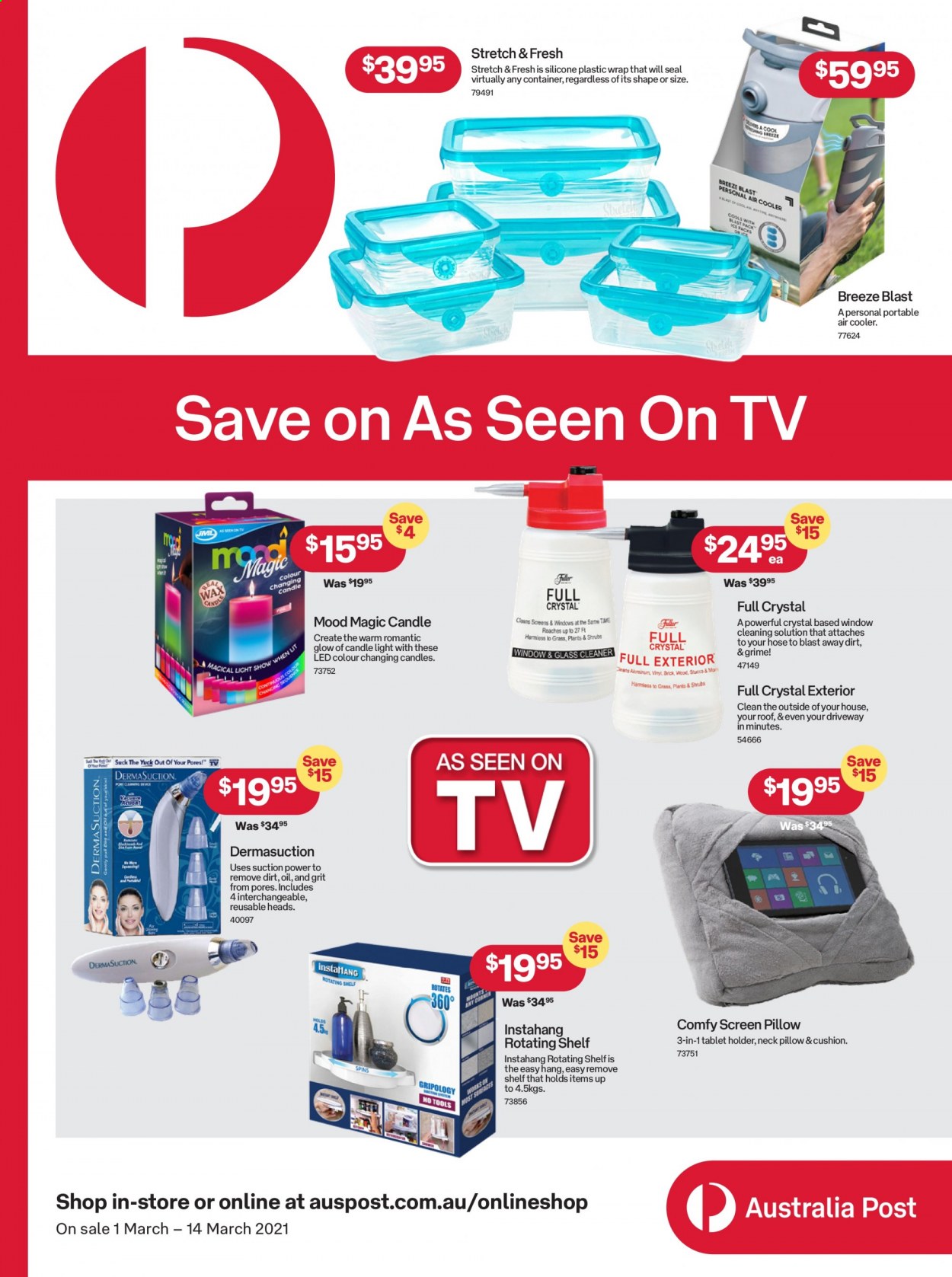 thumbnail - Australia Post Catalogue - 1 Mar 2021 - 14 Mar 2021 - Sales products - tablet, candle, cushion, pillow, TV, air cooler. Page 1.