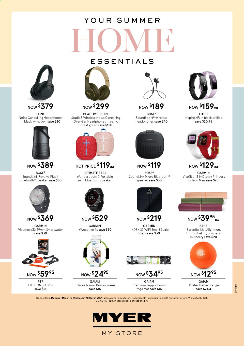 thumbnail - Myer Catalogue - 1 Mar 2021 - 10 Mar 2021 - Sales products - scale, Disney, ruler, Garmin, Fitbit, smart watch, Sony, Beats, BOSE, speaker, Ultimate Ears, bluetooth speaker, headphones, princess. Page 2.