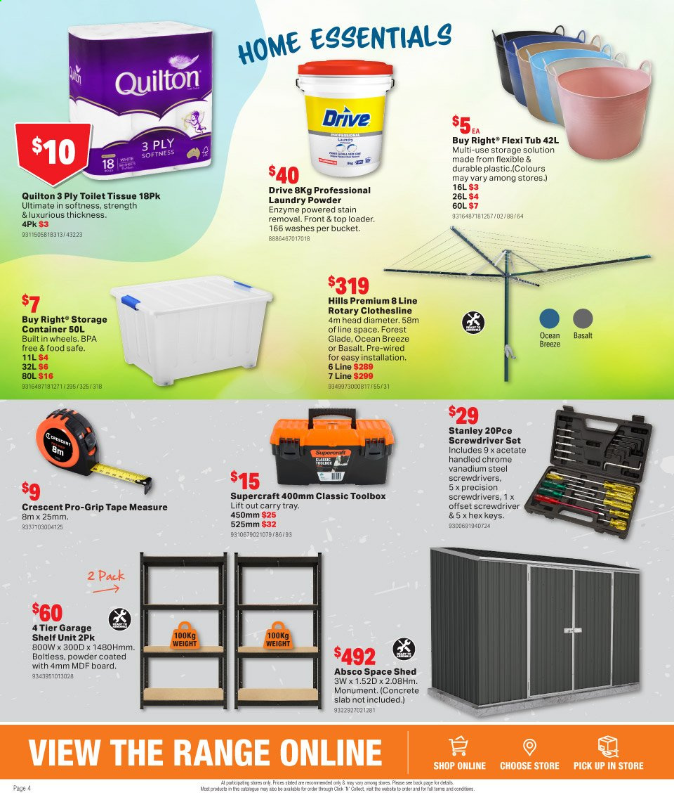 thumbnail - Mitre 10 Catalogue - 3 Mar 2021 - 14 Mar 2021 - Sales products - laundry powder, tray, Glade, Stanley, screwdriver, tool box, screwdriver set, measuring tape, shed. Page 4.