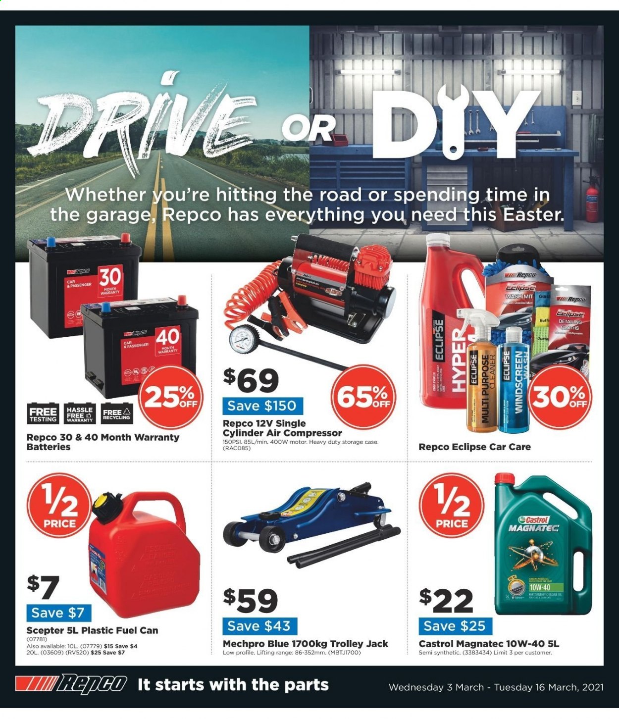 thumbnail - Repco Catalogue - 3 Mar 2021 - 16 Mar 2021 - Sales products - Mechpro Blue, cleaner, Eclipse, fuel can, Castrol, air compressor, trolley. Page 1.