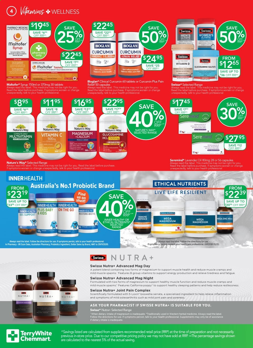 thumbnail - TerryWhite Chemmart Catalogue - 4 Mar 2021 - 23 Mar 2021 - Sales products - Swisse, pain relief, multivitamin, magnesium, syrup, calcium, Bioglan, Maltofer, probiotics, zinc, vitamin c, glucosamine. Page 4.