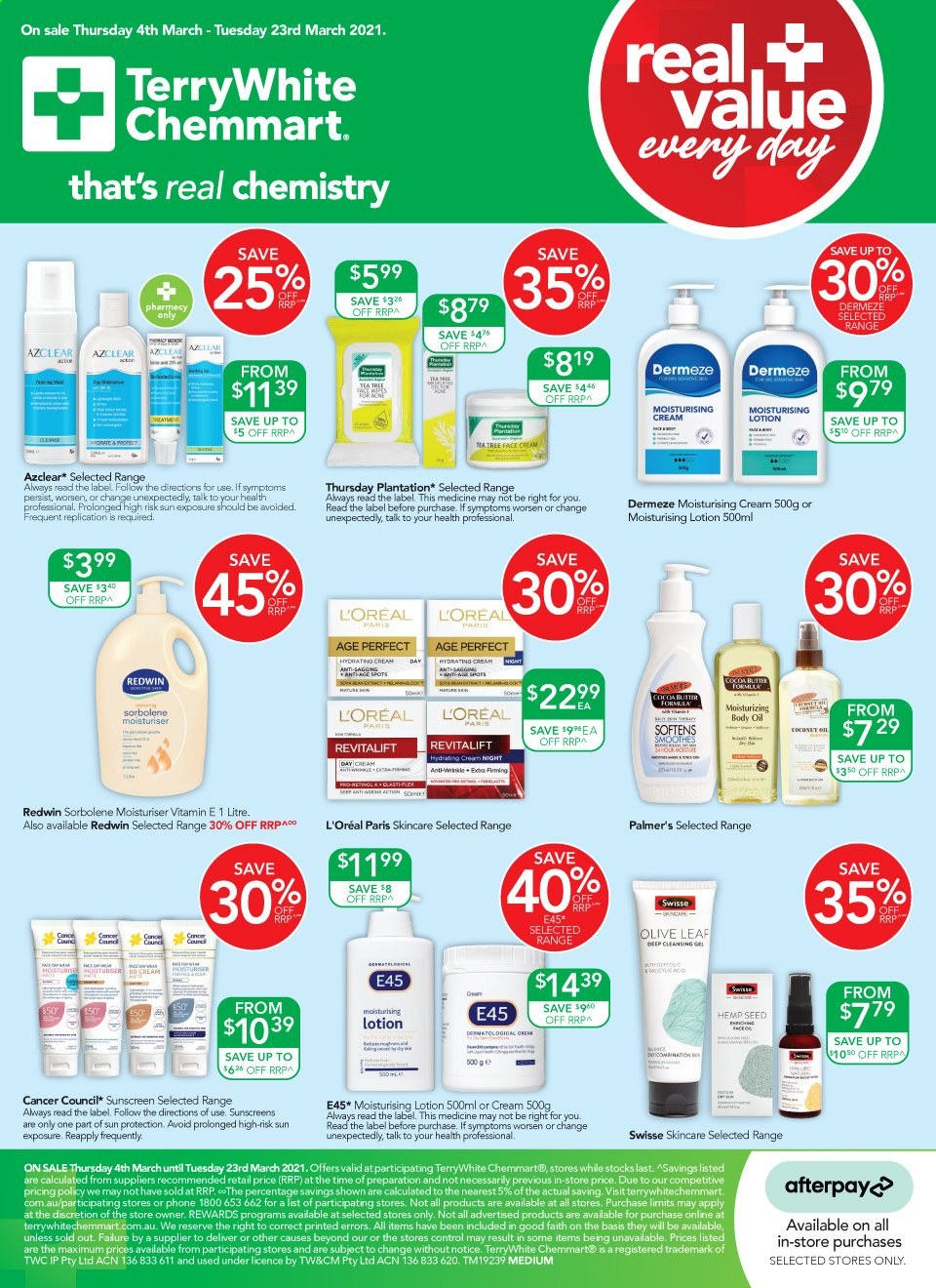 thumbnail - TerryWhite Chemmart Catalogue - 4 Mar 2021 - 23 Mar 2021 - Sales products - Swisse, L’Oréal, face cream, E45, body lotion, body oil. Page 20.