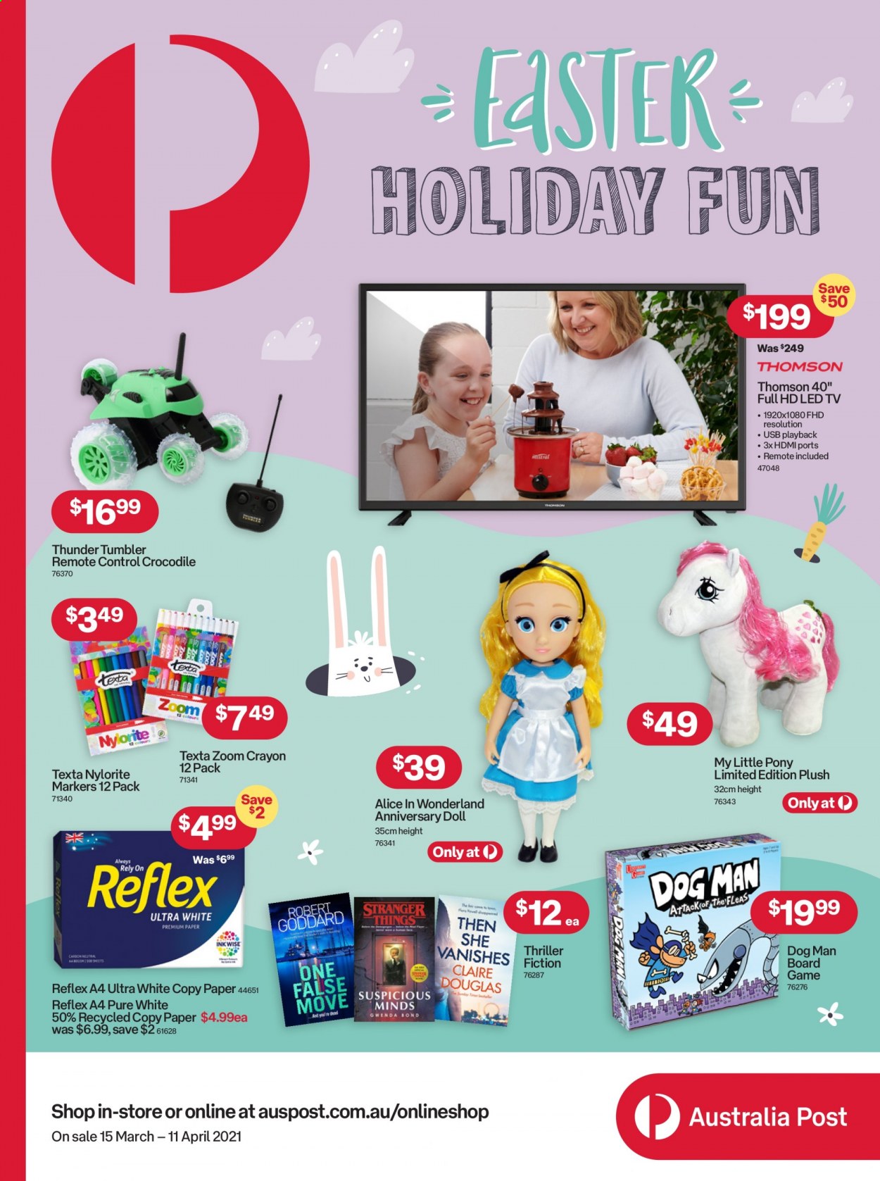thumbnail - Australia Post Catalogue - 15 Mar 2021 - 11 Apr 2021 - Sales products - tumbler, paper, Thomson, LED TV, TV, remote control, doll, My Little Pony, board game. Page 1.