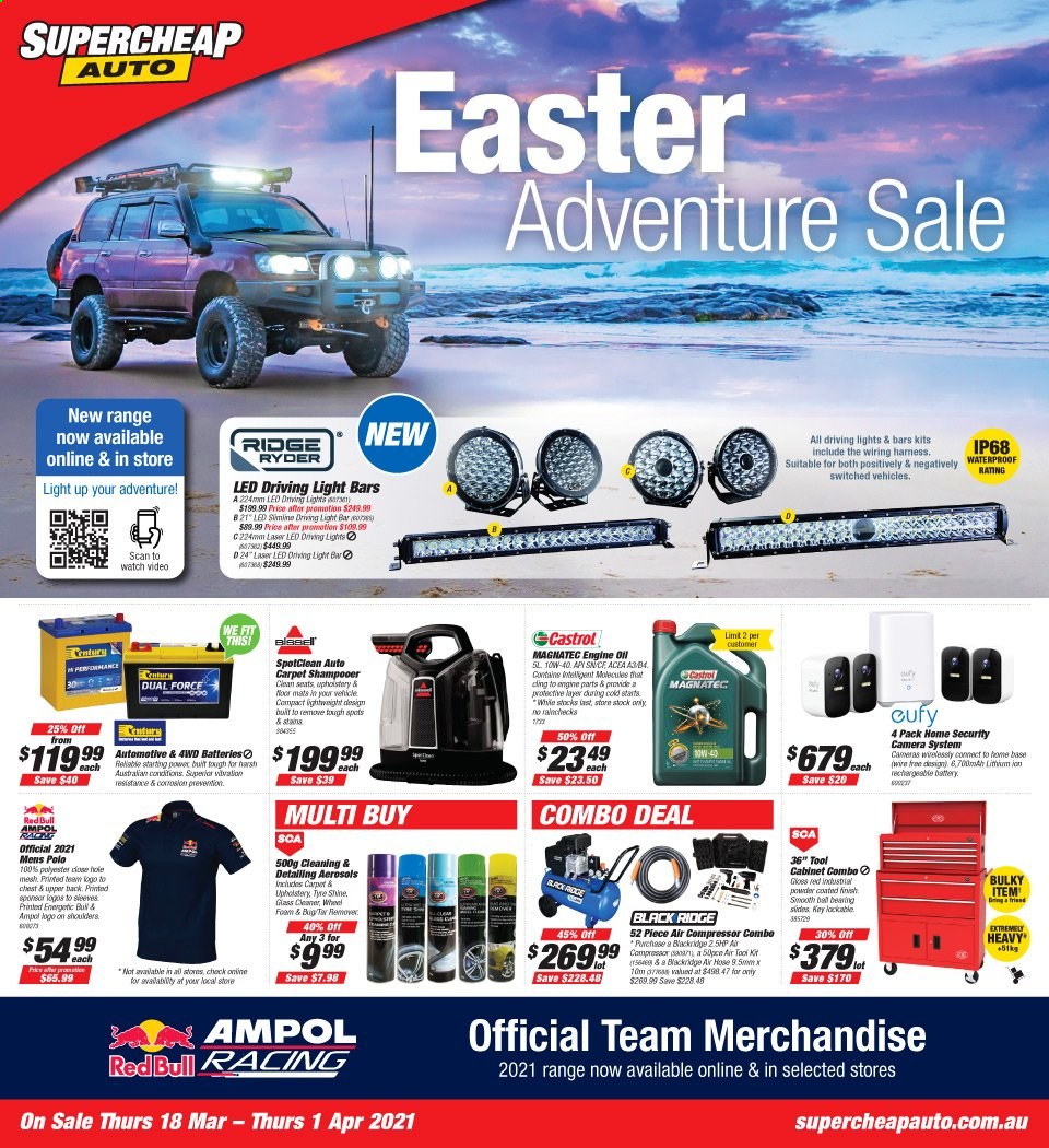 thumbnail - Supercheap Auto Catalogue - 18 Mar 2021 - 1 Apr 2021 - Sales products - cleaner, glass cleaner, Ridge Ryder, tool cabinets, driving lights, Castrol, air compressor, carpet, vehicle. Page 1.