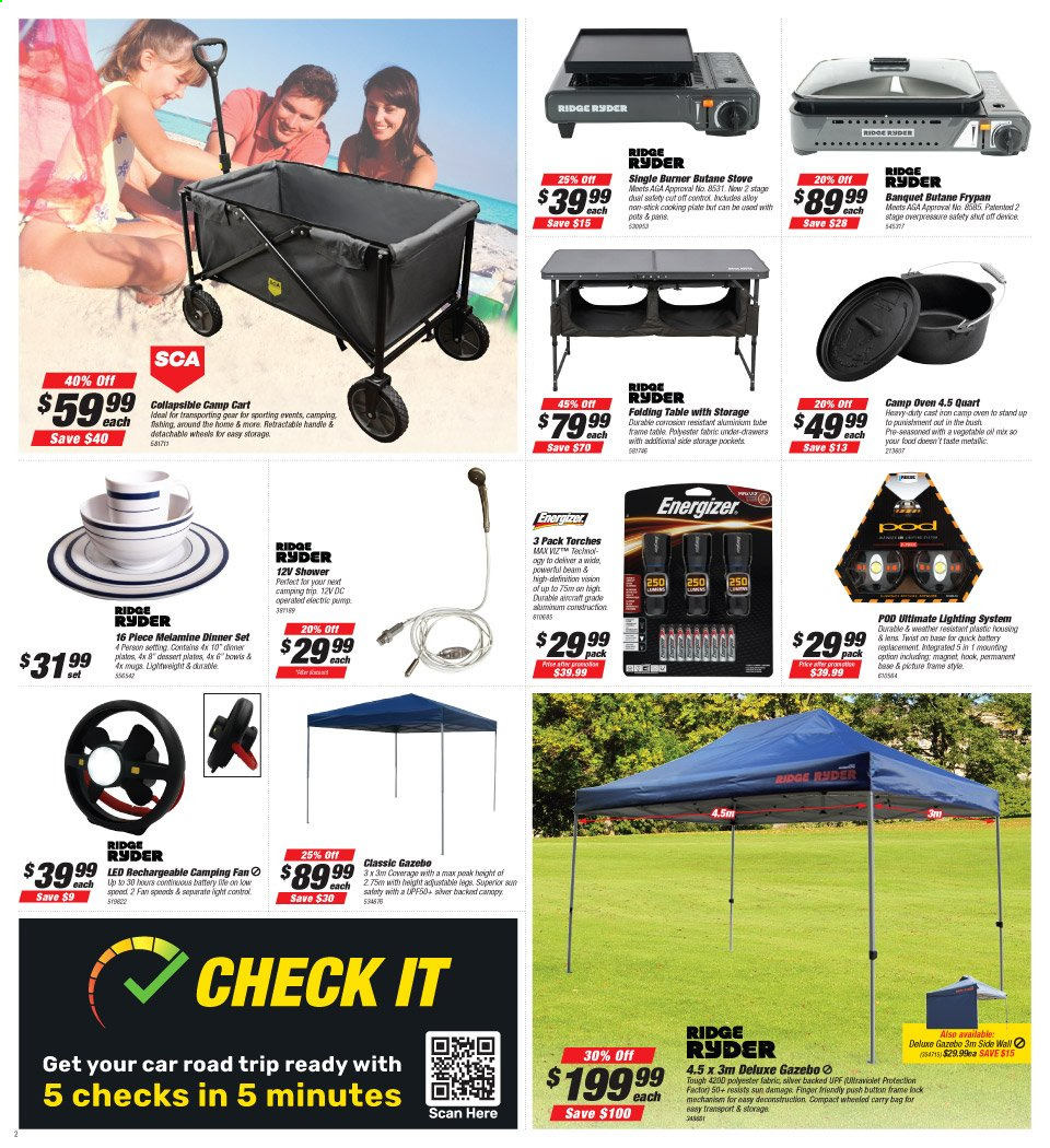 thumbnail - Supercheap Auto Catalogue - 18 Mar 2021 - 1 Apr 2021 - Sales products - Ridge Ryder, gazebo, bag, butane frypan, butane stove, stove, pump, folding table, carry bag. Page 4.