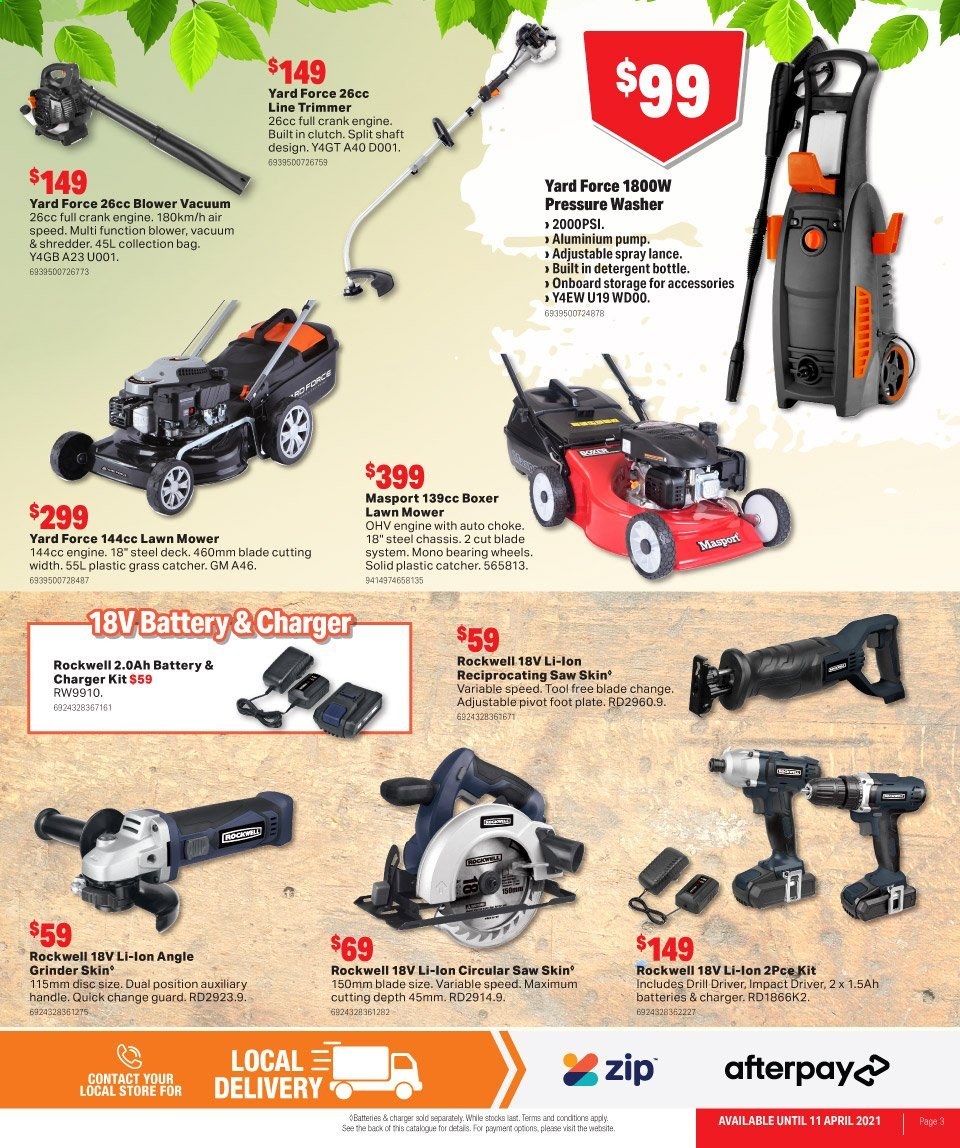 thumbnail - Mitre 10 Catalogue - 24 Mar 2021 - 11 Apr 2021 - Sales products - detergent, grinder, drill, impact driver, circular saw, saw, angle grinder, reciprocating saw, lawn mower, shredder, blower, pressure washer, pump. Page 4.