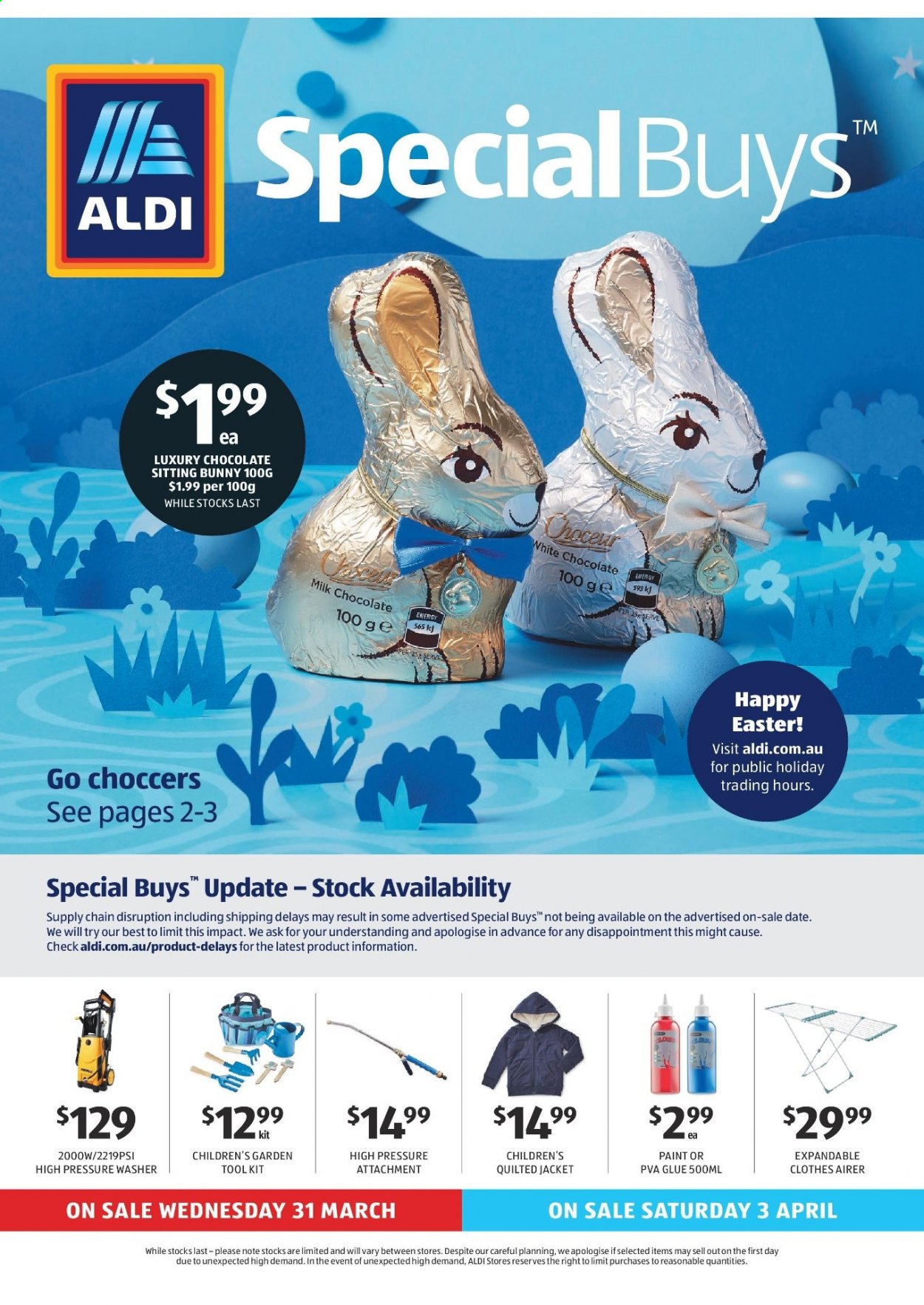 thumbnail - ALDI Catalogue - 31 Mar 2021 - 6 Apr 2021 - Sales products - milk chocolate, white chocolate, chocolate, airer, glue, jacket, tool set, pressure washer. Page 1.