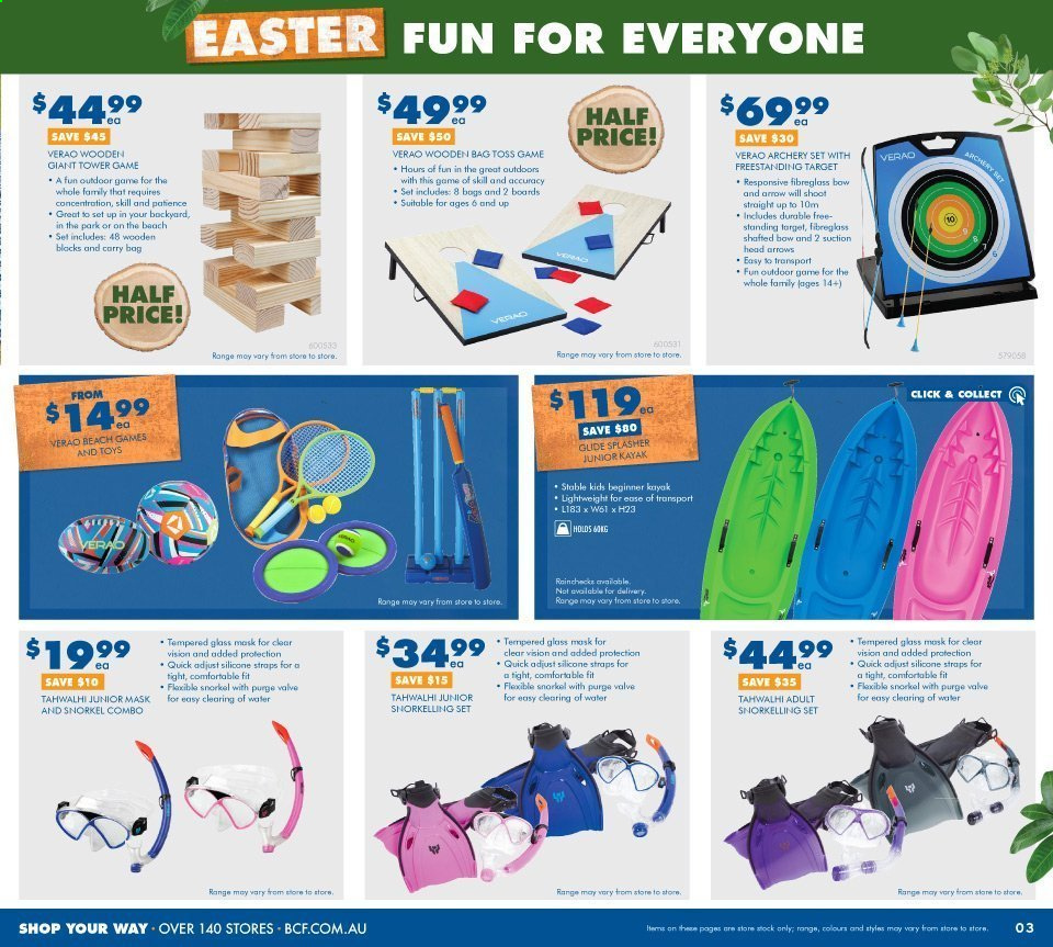 thumbnail - BCF Catalogue - 25 Mar 2021 - 18 Apr 2021 - Sales products - bag, kayak, snorkelling set. Page 3.
