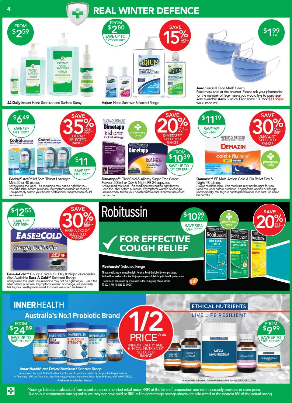 thumbnail - TerryWhite Chemmart Catalogue - 25 Mar 2021 - 13 Apr 2021 - Sales products - Dimetapp, Cold & Flu, magnesium, Robitussin, probiotics, Codral, face mask. Page 4.