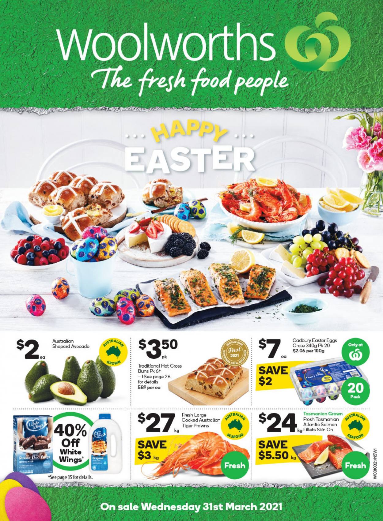 thumbnail - Woolworths Catalogue - 31 Mar 2021 - 6 Apr 2021 - Sales products - brownies, buns, White Wings, avocado, salmon, seafood, prawns, eggs, Cadbury, crate. Page 1.