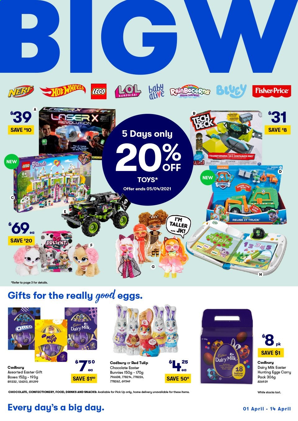 thumbnail - BIG W Catalogue - 1 Apr 2021 - 14 Apr 2021 - Sales products - Oreo, chocolate, Cadbury, Dairy Milk, Nerf, LEGO, LEGO Friends, toys, Fisher-Price, red tulip. Page 1.