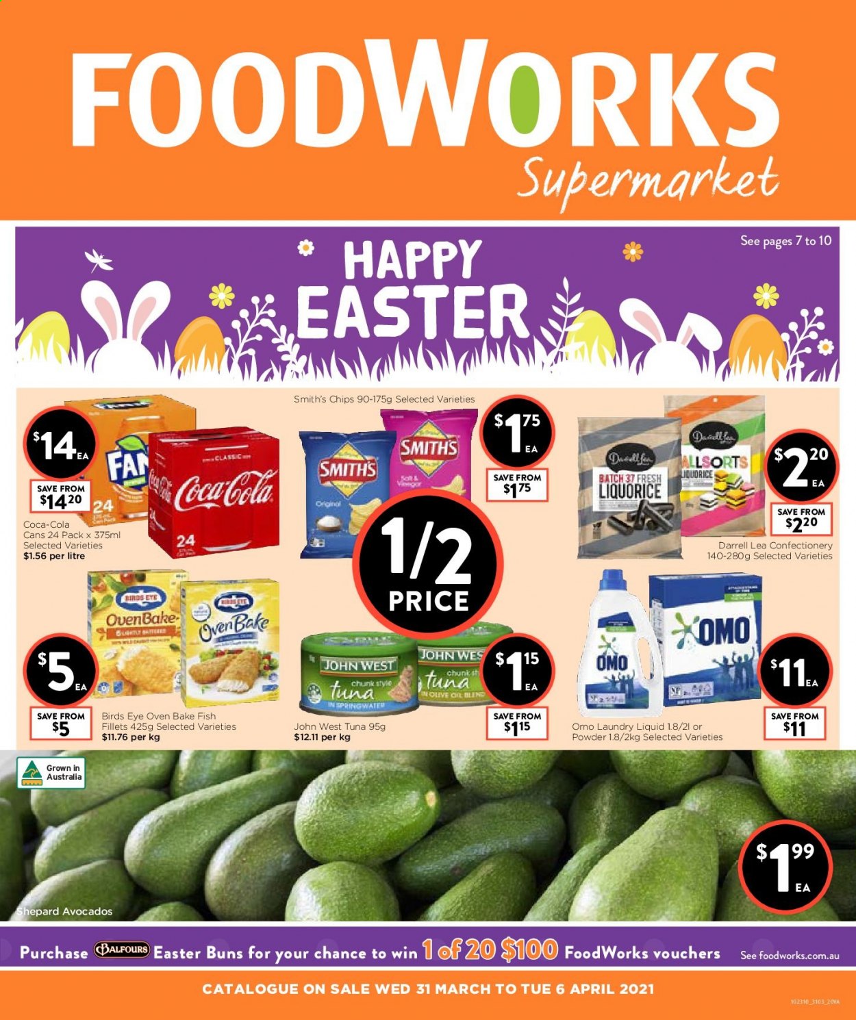 thumbnail - Foodworks Catalogue - 31 Mar 2021 - 6 Apr 2021 - Sales products - buns, avocado, fish fillets, tuna, fish, Bird's Eye, chips, Smith's, oil, Coca-Cola, Omo, laundry detergent. Page 1.