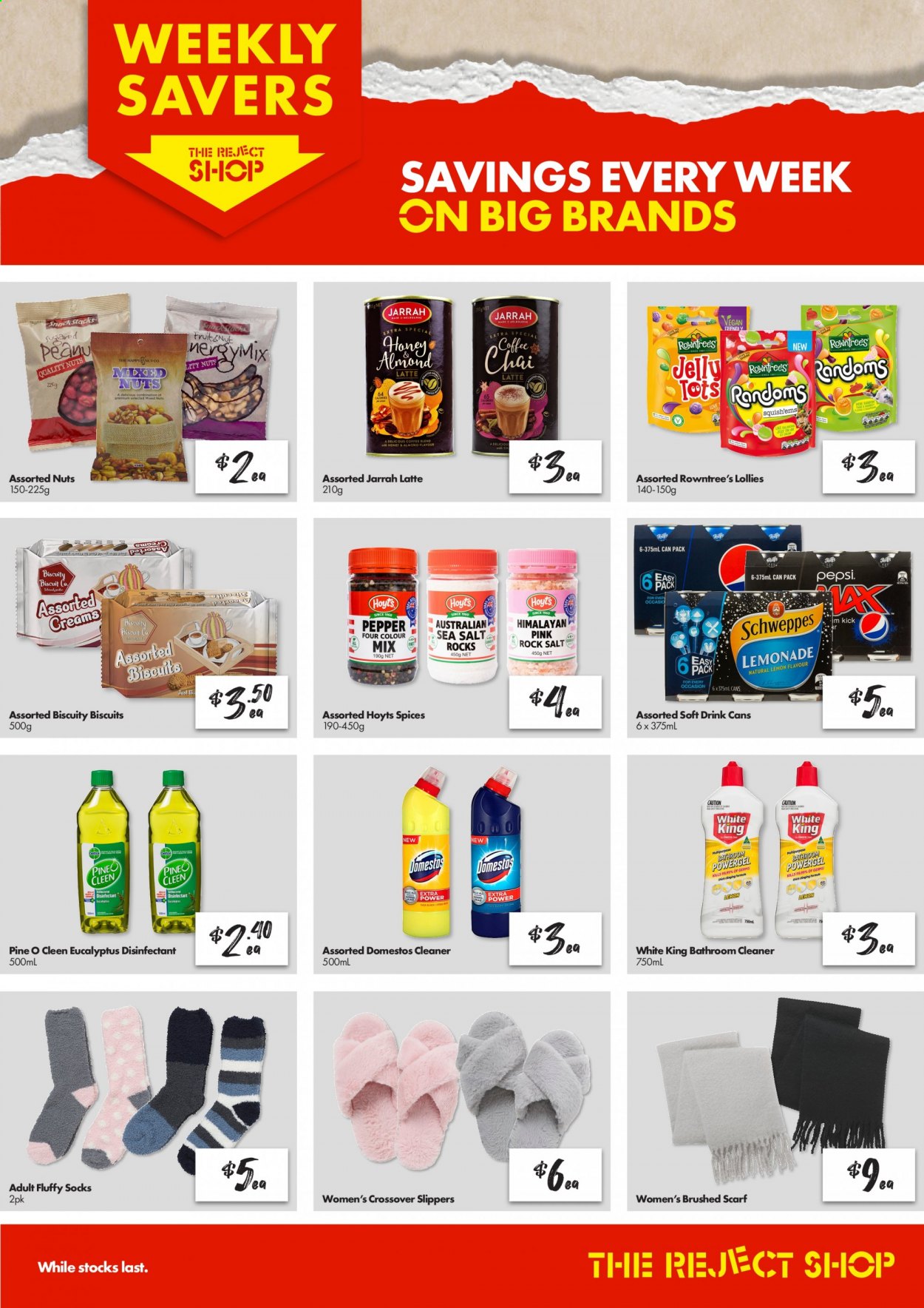 thumbnail - The Reject Shop Catalogue - Sales products - slippers, jelly, biscuit, sea salt, pepper, honey, almonds, mixed nuts, lemonade, Schweppes, Pepsi, soft drink, coffee, Dettol, Domestos, cleaner, desinfection, XTRA, scarf. Page 1.