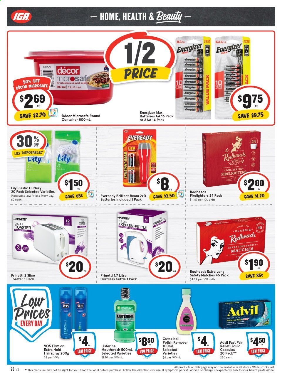 thumbnail - IGA Catalogue - 7 Apr 2021 - 13 Apr 2021 - Sales products - Listerine, mouthwash, VO5, nail polish remover, cup, disposable cutlery, battery, Energizer, Eveready, Advil Rapid. Page 24.