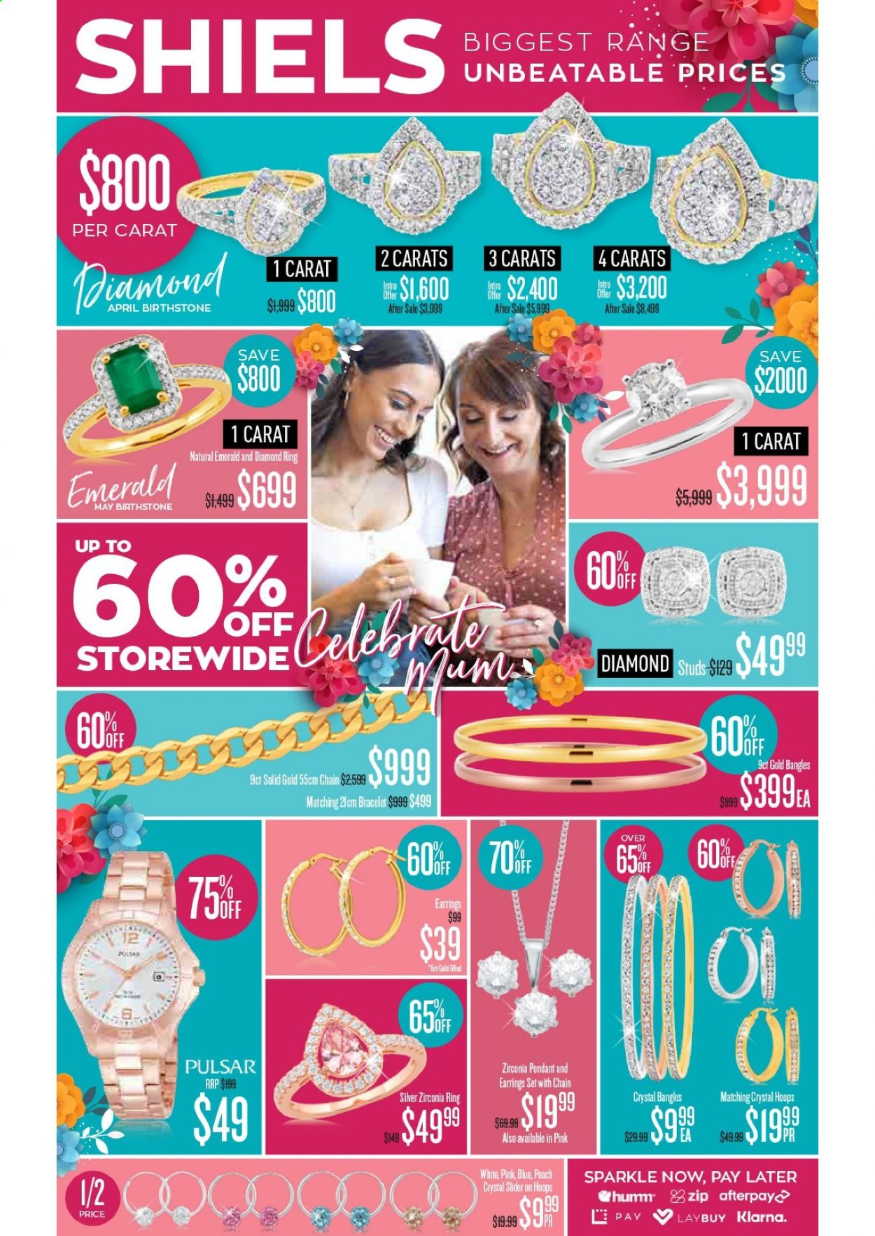 thumbnail - Shiels Catalogue - 5 Apr 2021 - 9 May 2021 - Sales products - bracelet, studs, pendant, diamond ring, earrings. Page 1.