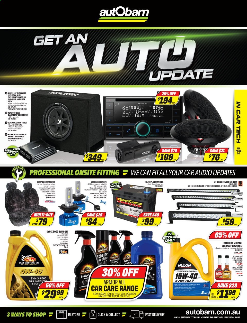 thumbnail - Autobarn Catalogue - 12 Apr 2021 - 2 May 2021 - Sales products - Armor All, dashboard camera, Kenwood, wiring kit, cleaner, Nulon, Gulf Western Oil. Page 1.