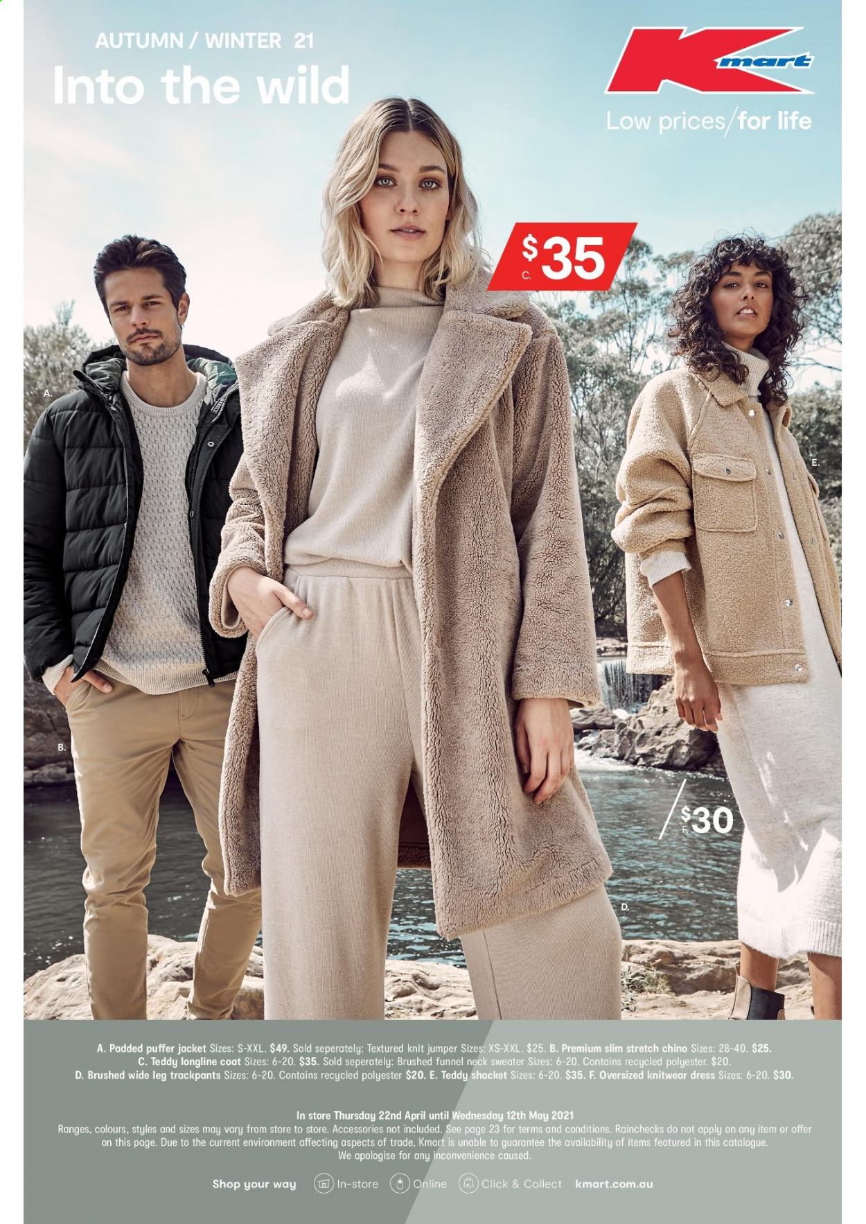 thumbnail - Kmart Catalogue - 22 Apr 2021 - 12 May 2021 - Sales products - coat, jacket, puffer jacket, dress, sweater, teddy. Page 1.