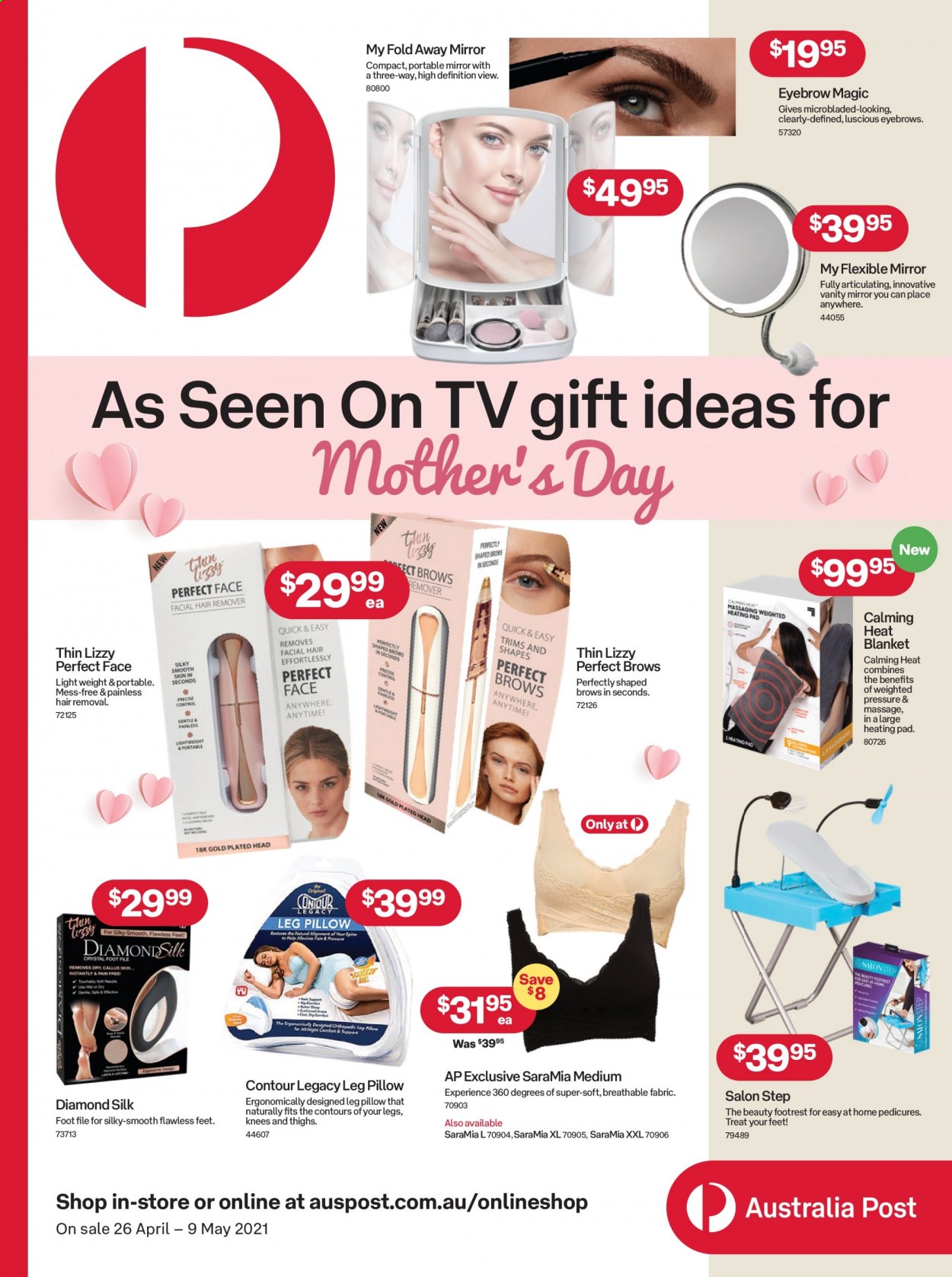 thumbnail - Australia Post Catalogue - 26 Apr 2021 - 9 May 2021 - Sales products - hair removal, blanket, pillow, TV, heating pad. Page 1.