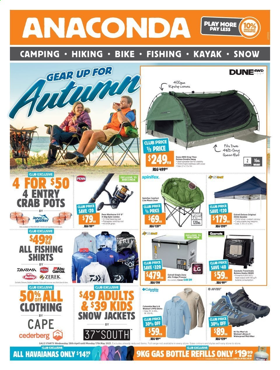 thumbnail - Anaconda Catalogue - 28 Apr 2021 - 17 May 2021 - Sales products - Columbia, HI-TEC, jacket, shirt, kayak, reel, fishing rod, gas bottle, Penn, swag. Page 1.