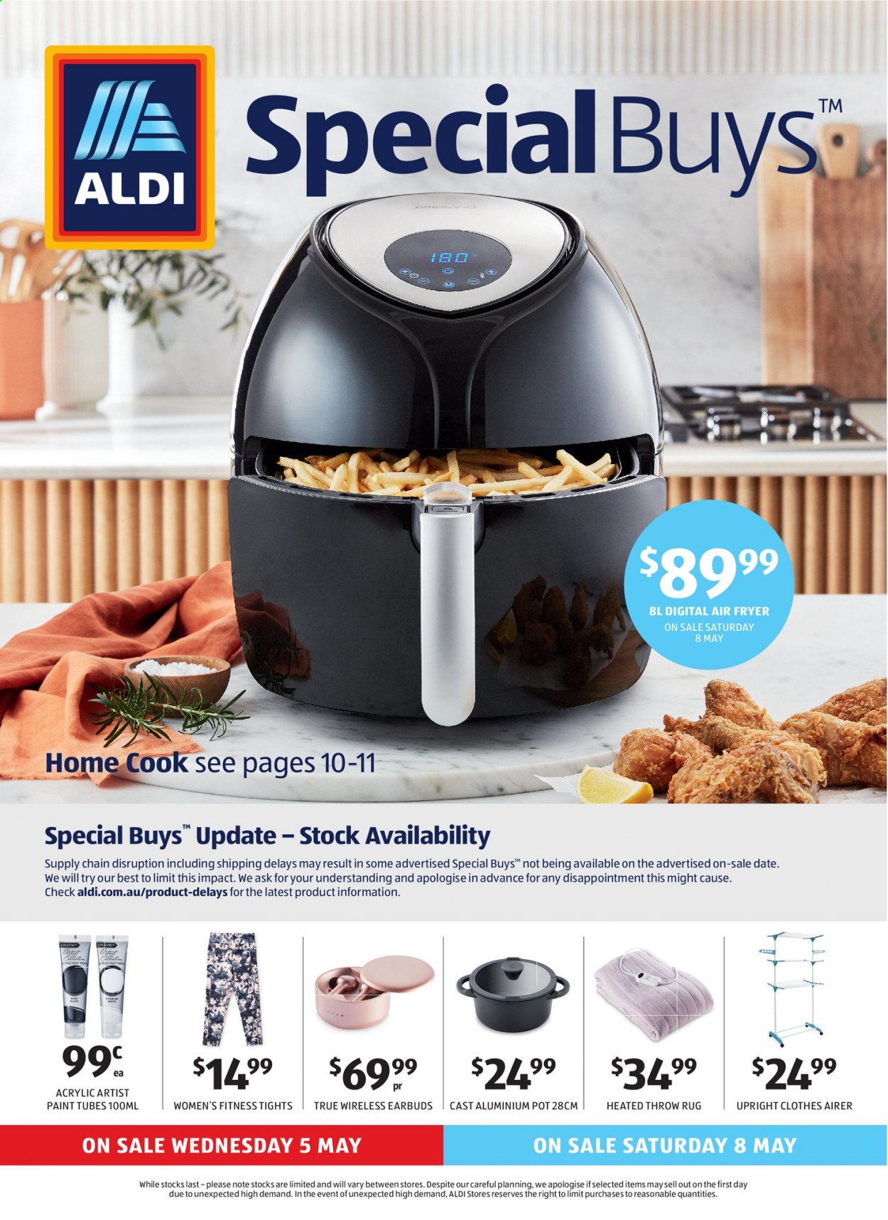 thumbnail - ALDI Catalogue - 5 May 2021 - 11 May 2021 - Sales products - airer, pot, earbuds, air fryer, heated throw, tights. Page 1.