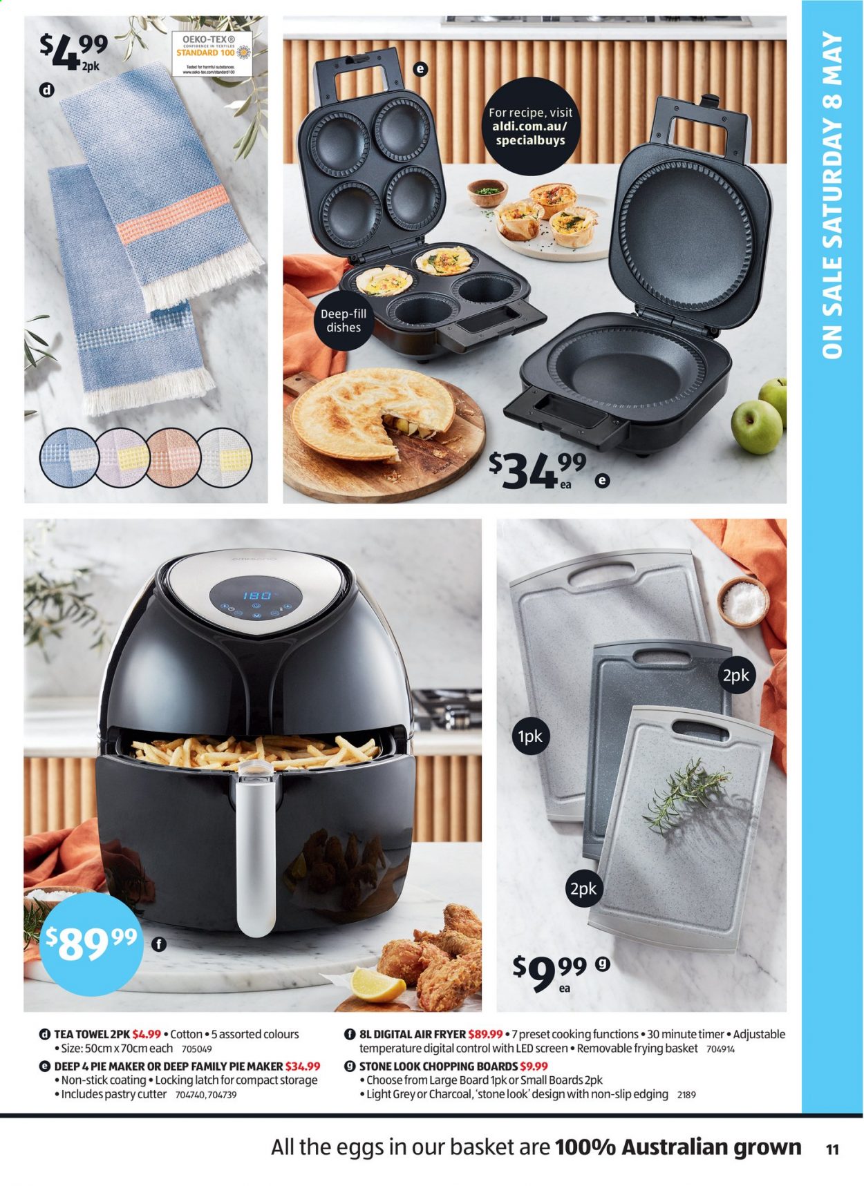thumbnail - ALDI Catalogue - 5 May 2021 - 11 May 2021 - Sales products - eggs, cutter, tea towels, air fryer, pie maker, charcoal. Page 11.