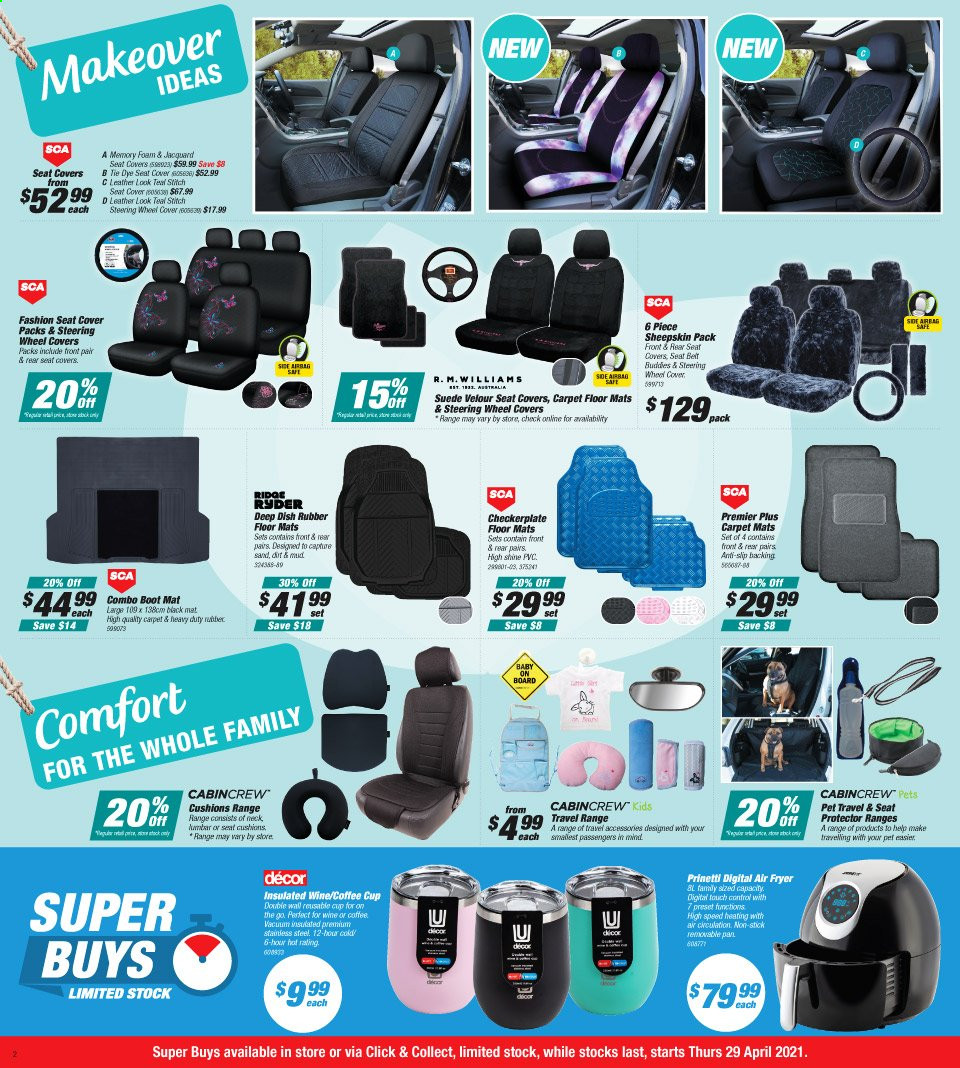 thumbnail - Supercheap Auto Catalogue - 29 Apr 2021 - 9 May 2021 - Sales products - Ridge Ryder, CabinCrew, car floor mats, car seat cover, wheel covers. Page 2.