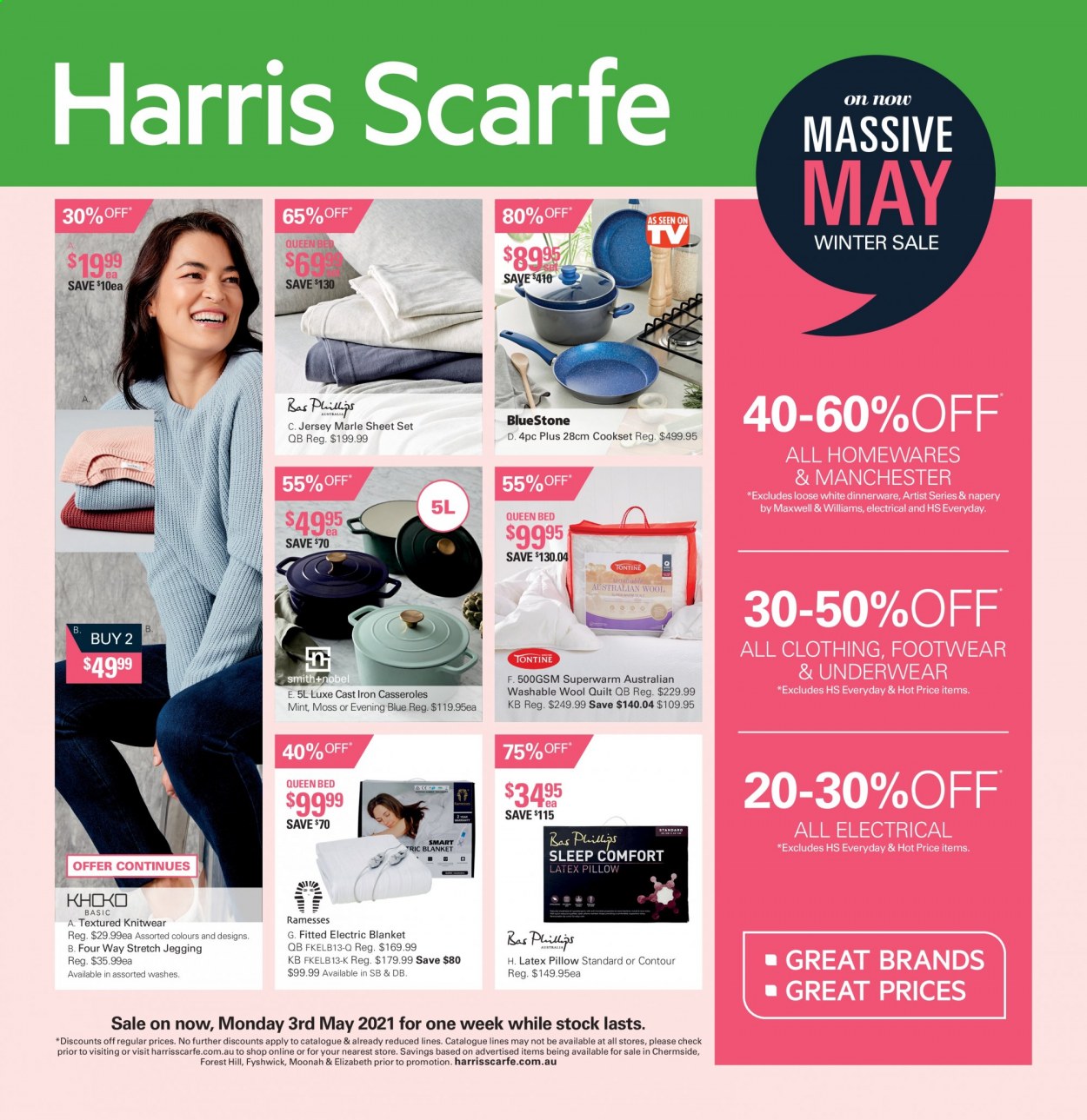thumbnail - Harris Scarfe Catalogue - Sales products - dinnerware set, blanket, pillow, quilt, wool quilt, electric blanket, jersey, knitwear, underwear. Page 1.