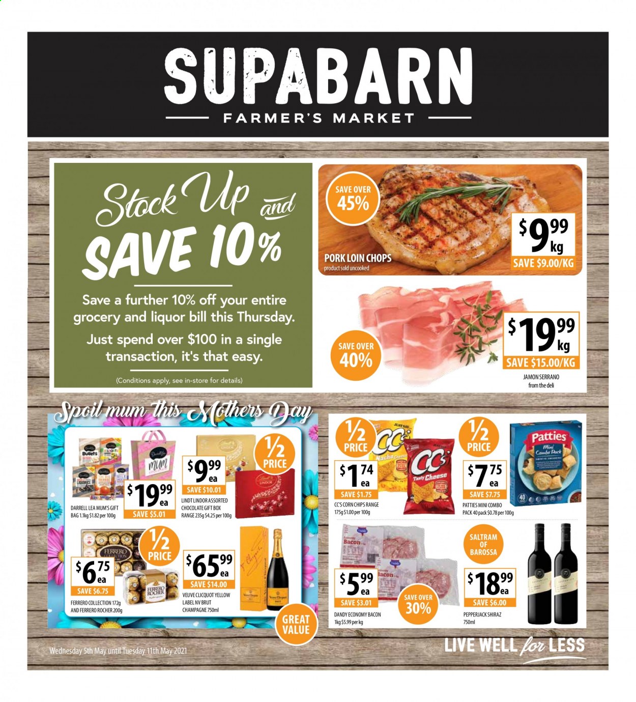 thumbnail - Supabarn Catalogue - 5 May 2021 - 11 May 2021 - Sales products - bacon, Pepper Jack cheese, chocolate, Lindt, Lindor, Ferrero Rocher, chips, corn chips, red wine, champagne, wine, Veuve Clicquot, Shiraz, liquor, pork chops, pork loin, pork meat, Mum, Brut. Page 1.