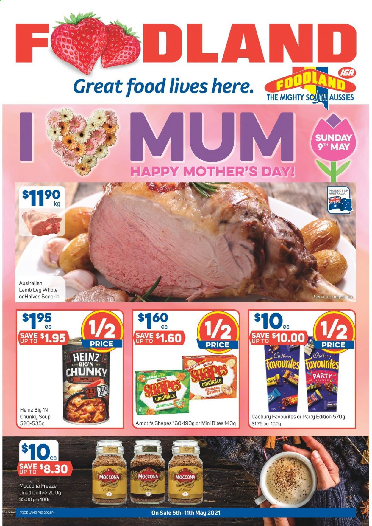 thumbnail - Foodland Catalogue - 5 May 2021 - 11 May 2021 - Sales products - ravioli, soup, Cadbury, Heinz, coffee, Moccona, lamb meat, lamb leg, Mum. Page 1.