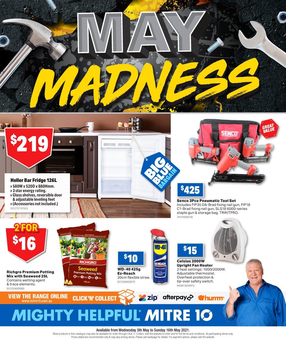 thumbnail - Mitre 10 Catalogue - 5 May 2021 - 16 May 2021 - Sales products - storage bag, straw, switch, heater, fan heater, reversible door, door, tool set, WD-40, potting mix. Page 1.