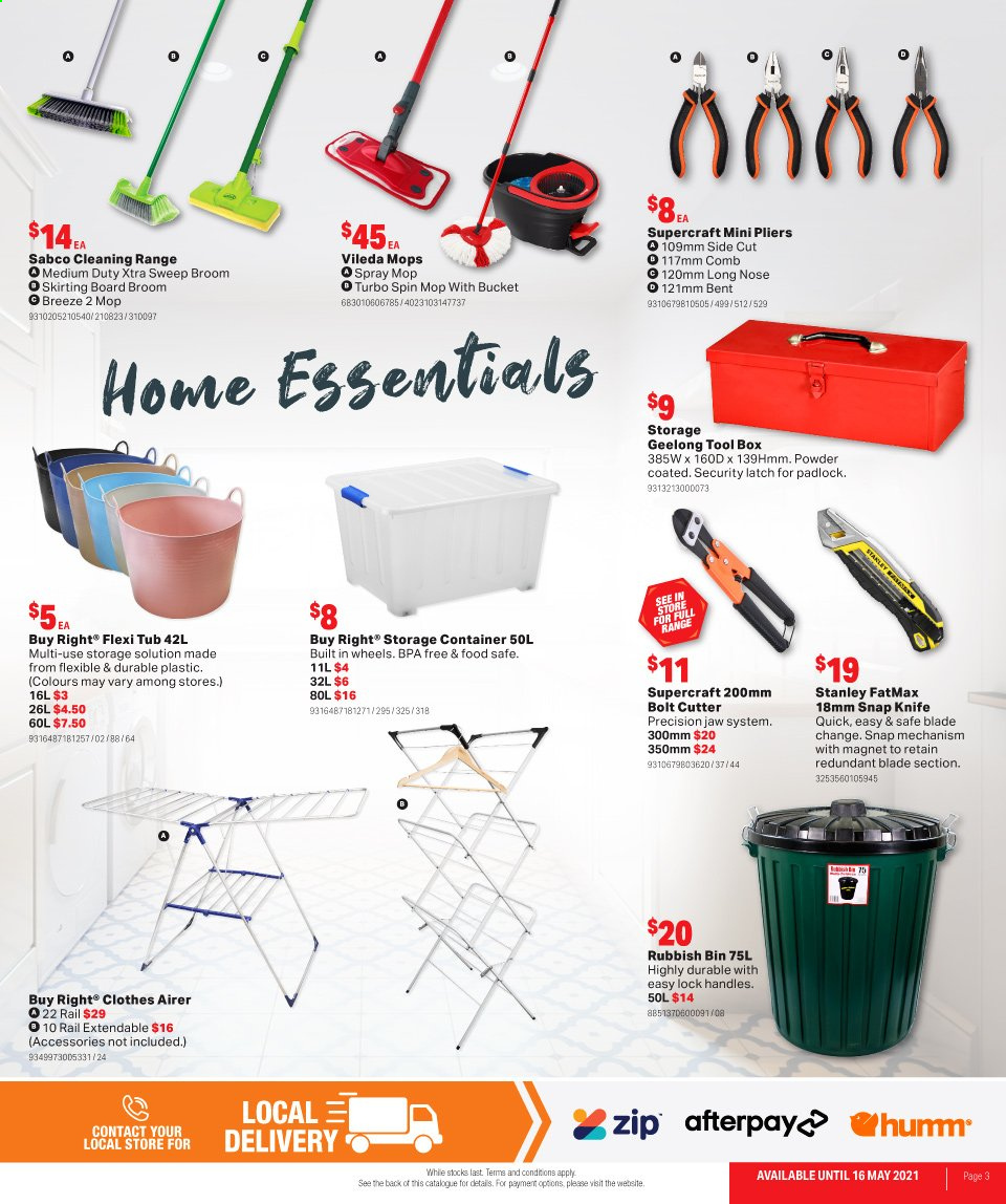thumbnail - Mitre 10 Catalogue - 5 May 2021 - 16 May 2021 - Sales products - Sabco, XTRA, bin, Vileda, airer, spin mop, mop, broom, padlock, knife, cutter, Stanley, pliers, tool box, bolt cutter. Page 3.
