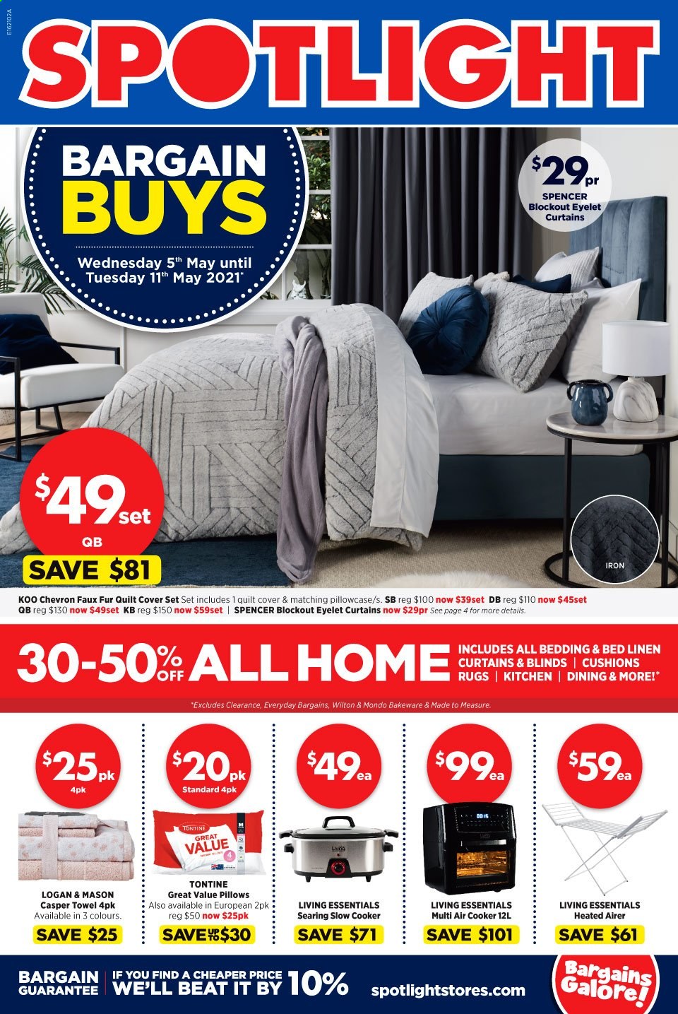 thumbnail - Spotlight Catalogue - 5 May 2021 - 11 May 2021 - Sales products - airer, bakeware, bedding, cushion, pillow, pillowcase, quilt, curtain, quilt cover set, towel, blinds. Page 1.