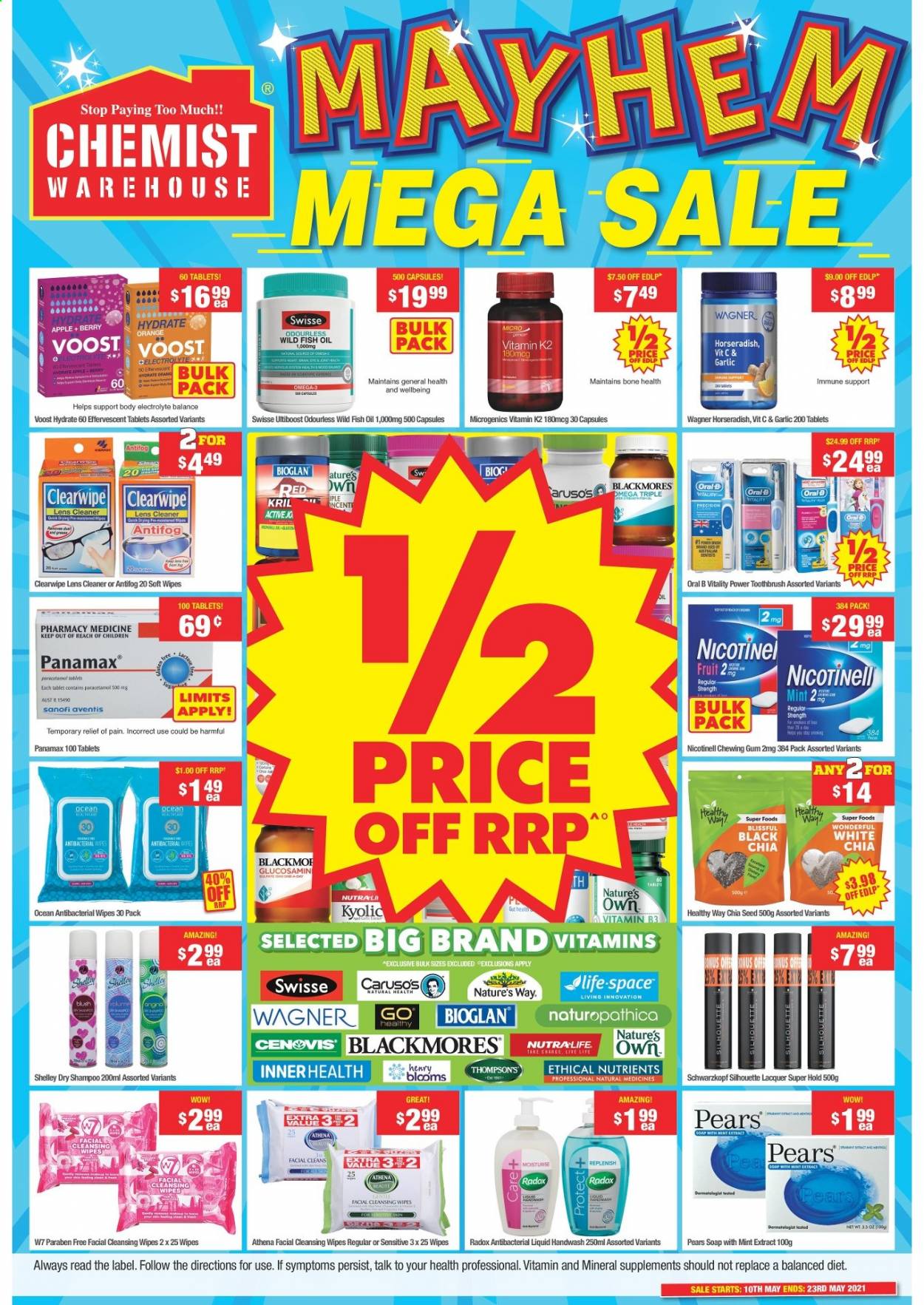 thumbnail - Chemist Warehouse Catalogue - 10 May 2021 - 23 May 2021 - Sales products - cleansing wipes, wipes, cleaner, shampoo, hand soap, Schwarzkopf, hand wash, Radox, Swisse, soap, toothbrush, Oral-B, fish oil, horseradish, Nature's Own, Cenovis, Bioglan, Thompson's, Blackmores. Page 1.