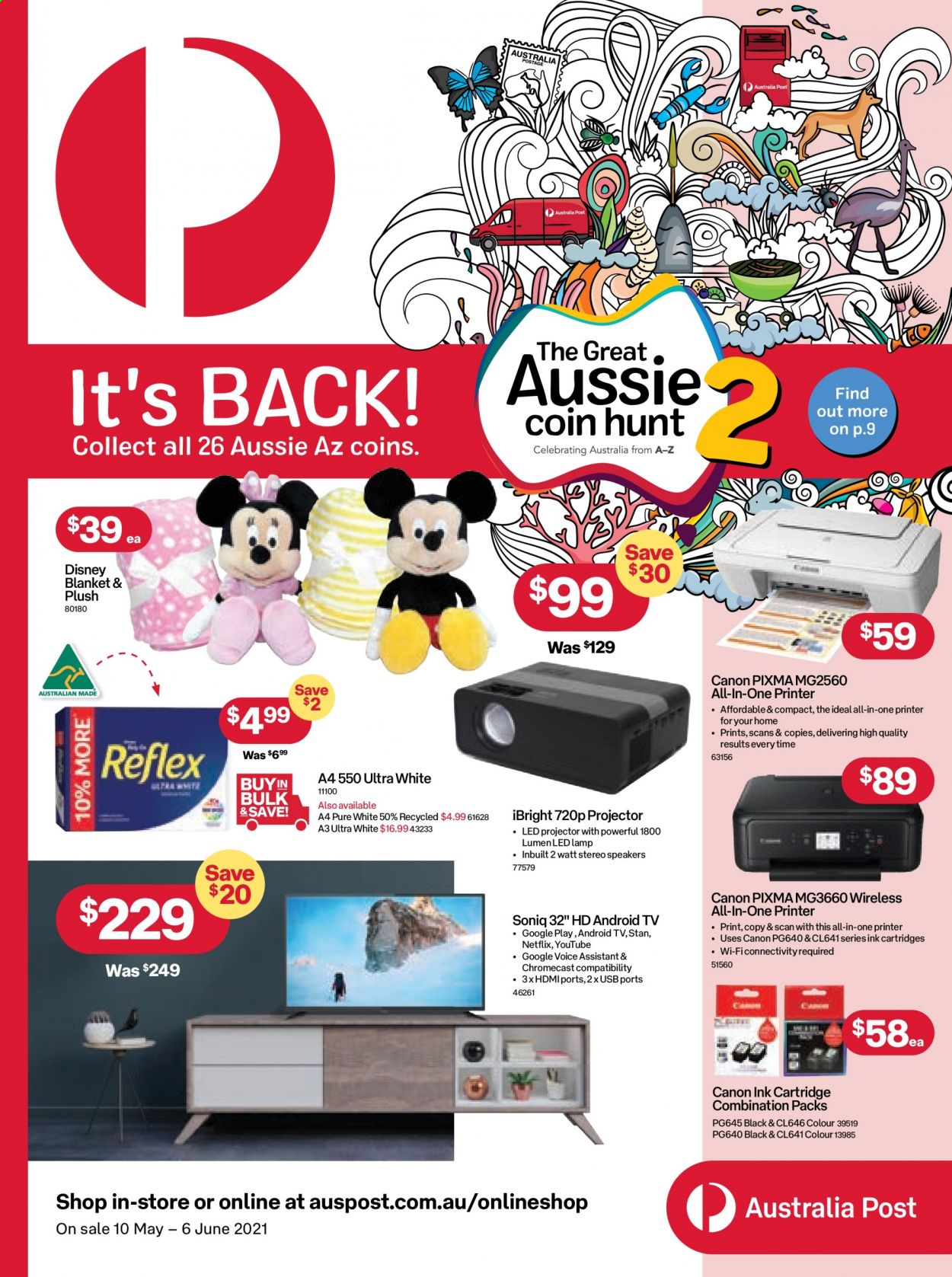 thumbnail - Australia Post Catalogue - 10 May 2021 - 6 Jun 2021 - Sales products - Aussie, Disney, blanket, Canon, Android TV, TV, projector, speaker, Google Chromecast, all-in-one printer, printer, cartridge, lamp. Page 1.