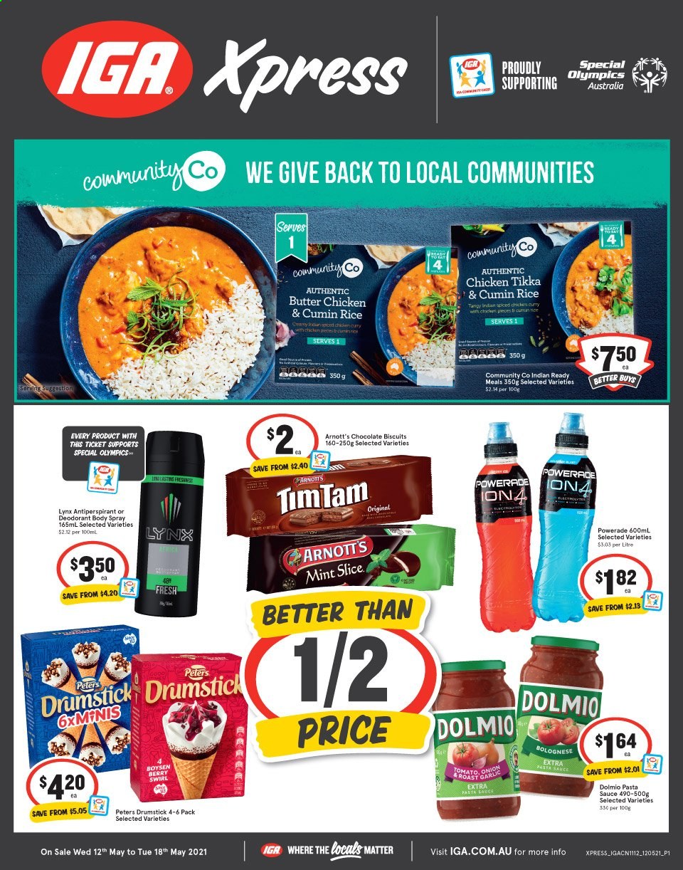 thumbnail - IGA Xpress Catalogue - 12 May 2021 - 18 May 2021 - Sales products - pasta sauce, sauce, chocolate, biscuit, rice, cumin, Powerade, body spray, anti-perspirant, deodorant. Page 1.