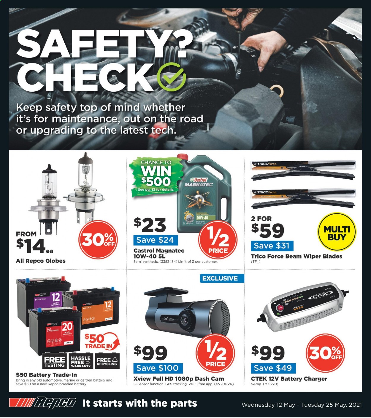 thumbnail - Repco Catalogue - 12 May 2021 - 25 May 2021 - Sales products - dashboard camera, wiper blades, battery charger, motor oil, Castrol. Page 1.