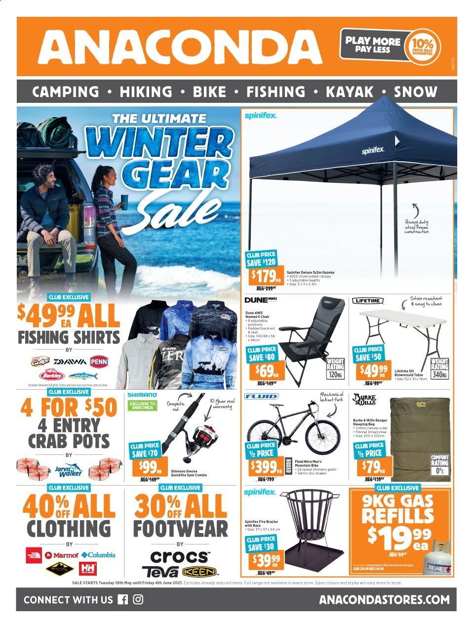thumbnail - Anaconda Catalogue - 18 May 2021 - 4 Jun 2021 - Sales products - Columbia, shirt, Shimano, mountain bike, kayak, sleeping bag, reel, fishing rod, Penn. Page 1.