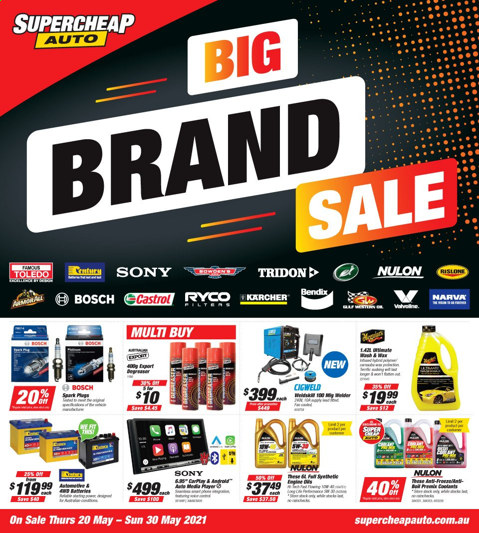 thumbnail - Supercheap Auto Catalogue - 20 May 2021 - 30 May 2021 - Sales products - Sony, media player, Bosch, inverter welder, Kärcher, welder, spark plugs, car battery, automotive batteries, Nulon, Gulf Western Oil, degreaser, Valvoline. Page 1.