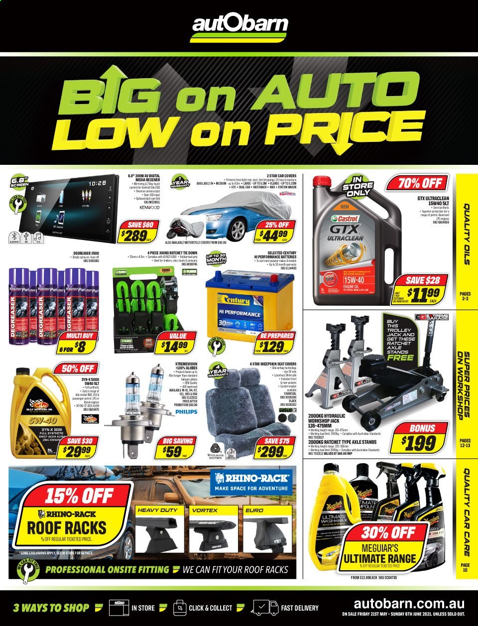 thumbnail - Autobarn Catalogue - 21 May 2021 - 6 Jun 2021 - Sales products - car seat cover, Kenwood, degreaser, motor oil, Castrol. Page 1.