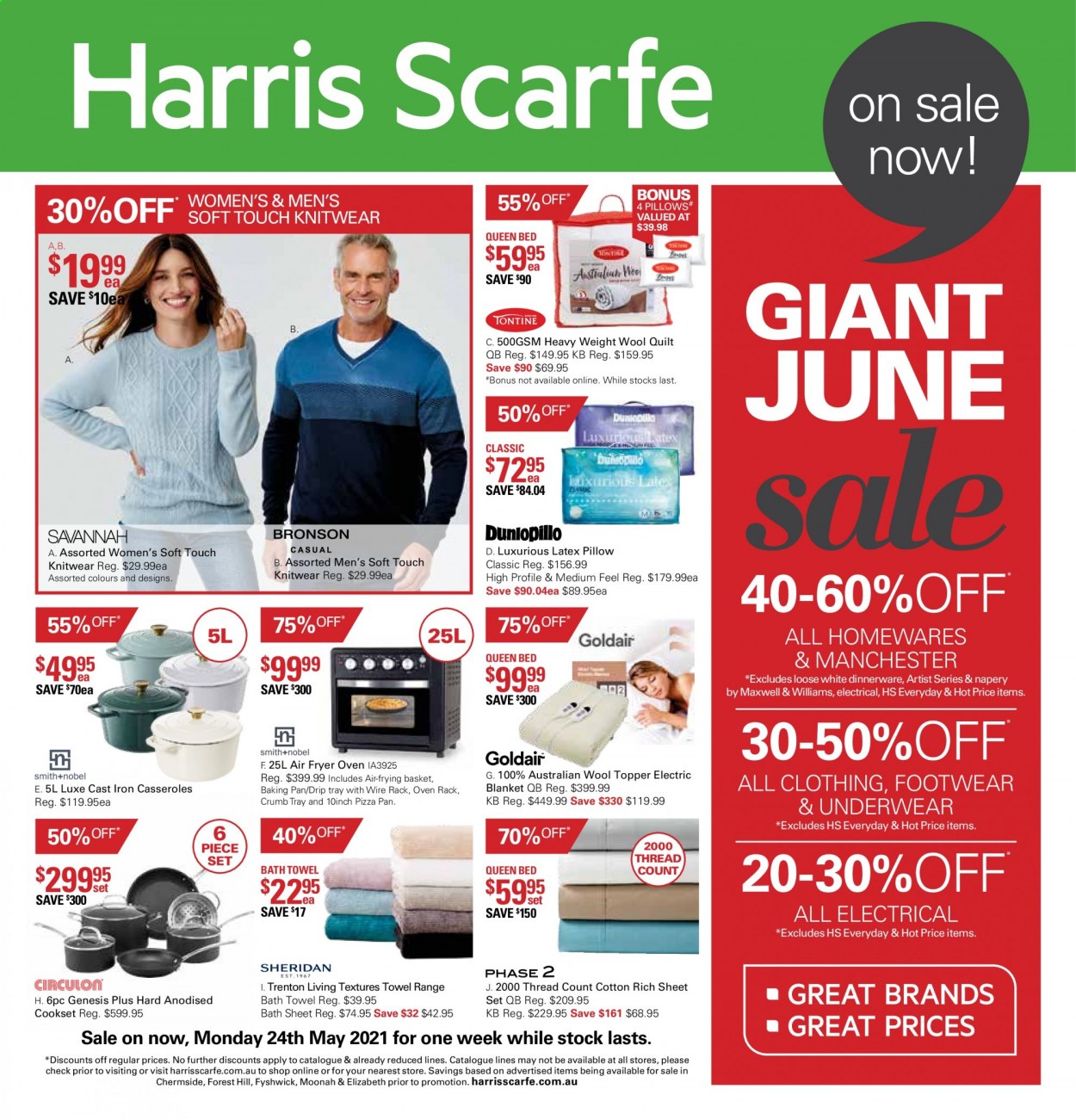 thumbnail - Harris Scarfe Catalogue - Sales products - basket, topper, dinnerware set, pan, pizza pan, blanket, pillow, quilt, wool quilt, bath towel, towel, oven, electric blanket, knitwear, underwear. Page 1.