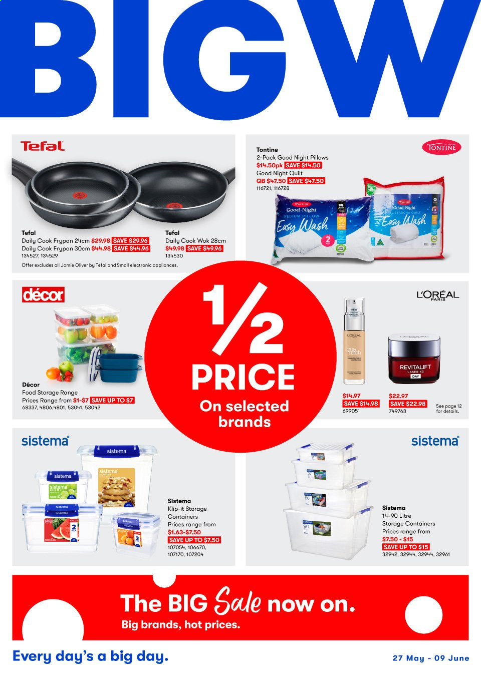 thumbnail - BIG W Catalogue - 27 May 2021 - 9 Jun 2021 - Sales products - L’Oréal, Tefal, wok, frying pan, pillow, quilt. Page 1.