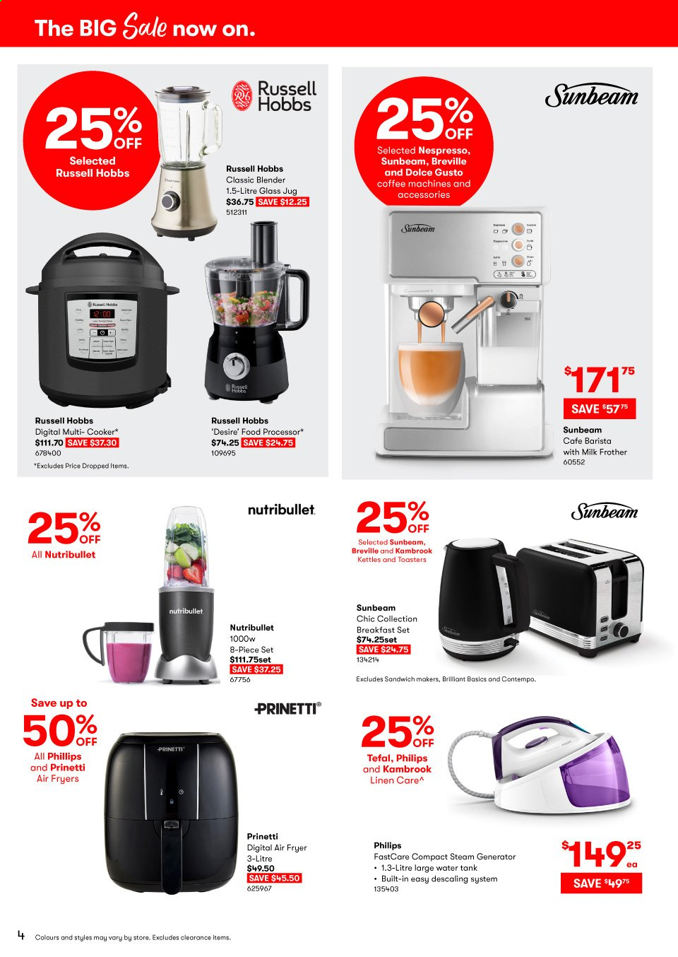 thumbnail - BIG W Catalogue - 27 May 2021 - 9 Jun 2021 - Sales products - Philips, Tefal, Sunbeam, tank, Prinetti, Nespresso, Dolce Gusto, Kambrook, blender, air fryer, NutriBullet, Russell Hobbs, food processor, milk frother. Page 4.