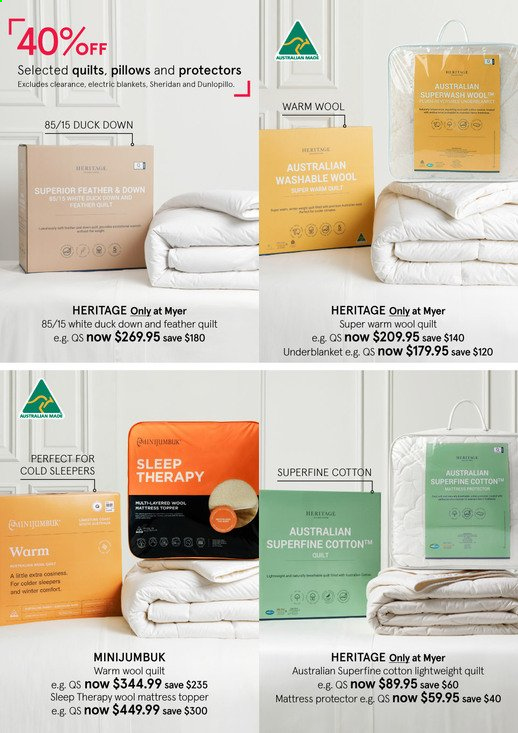 thumbnail - Myer Catalogue - Sales products - blanket, pillow, quilt, wool quilt, mattress protector. Page 4.