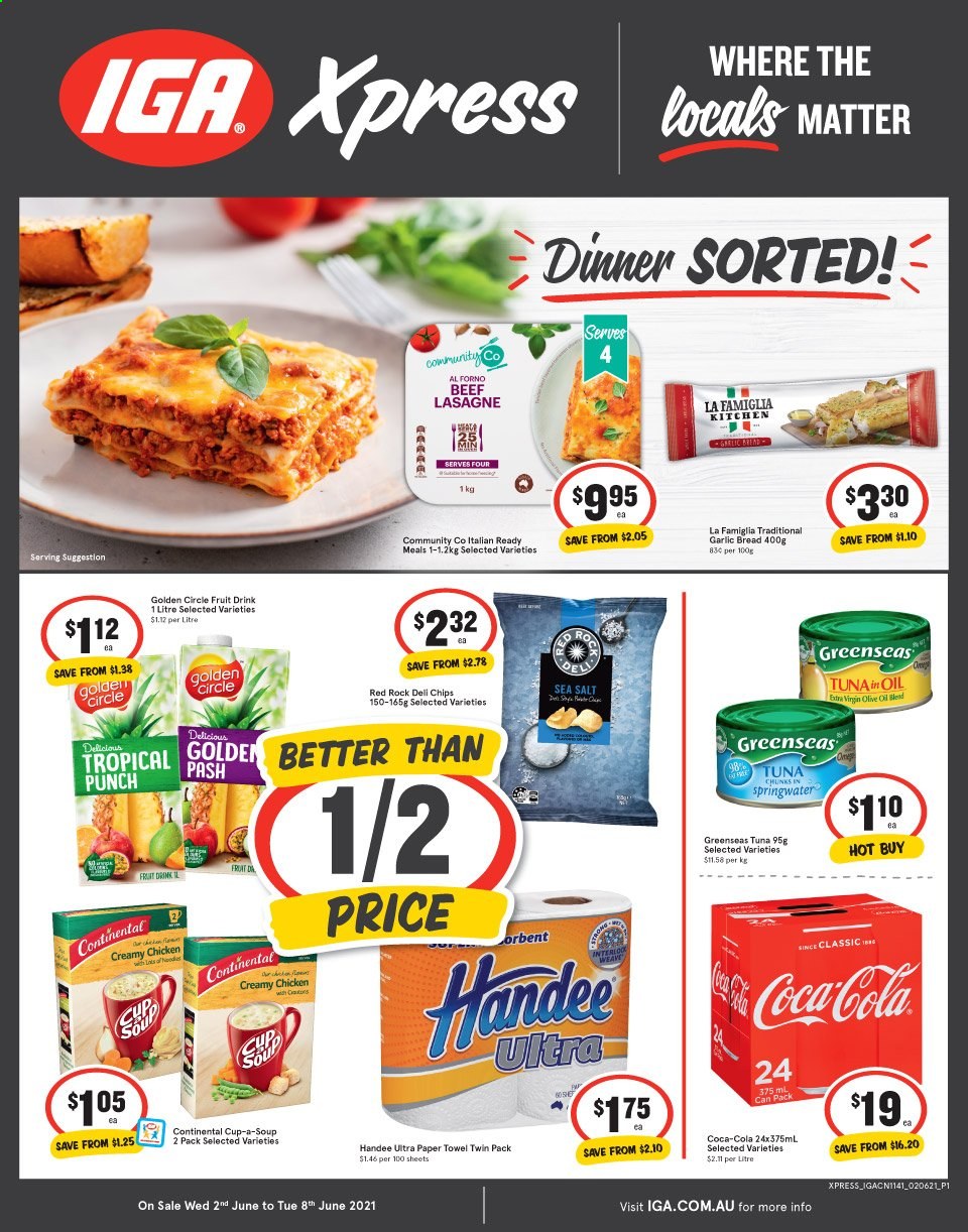 thumbnail - IGA Xpress Catalogue - 2 Jun 2021 - 8 Jun 2021 - Sales products - bread, tuna, soup, lasagna meal, Continental, chips, Coca-Cola, fruit drink, punch, Handee, paper towels. Page 1.