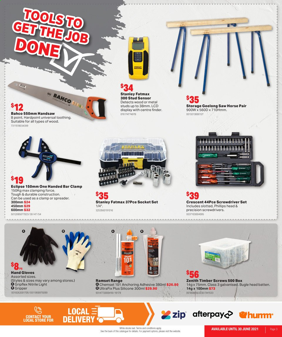 thumbnail - Mitre 10 Catalogue - 2 Jun 2021 - 30 Jun 2021 - Sales products - gloves, adhesive, Stanley, socket, saw, screwdriver, socket set, handsaw, screwdriver set. Page 3.