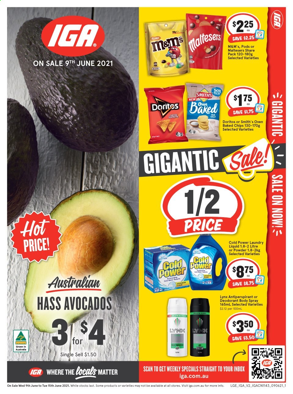 thumbnail - IGA Catalogue - 9 Jun 2021 - 15 Jun 2021 - Sales products - avocado, M&M's, Maltesers, Doritos, chips, Smith's, salt, laundry detergent, body spray, anti-perspirant, deodorant. Page 1.