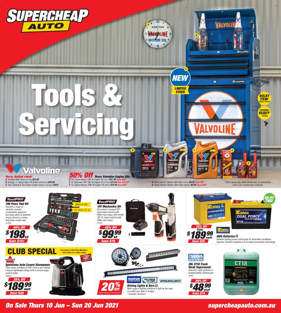 thumbnail - Supercheap Auto Catalogue - 10 Jun 2021 - 20 Jun 2021 - Sales products - cleaner, Ridge Ryder, pliers, wrench, tool set, tool cabinets, car battery, driving lights, motor oil, Valvoline. Page 1.